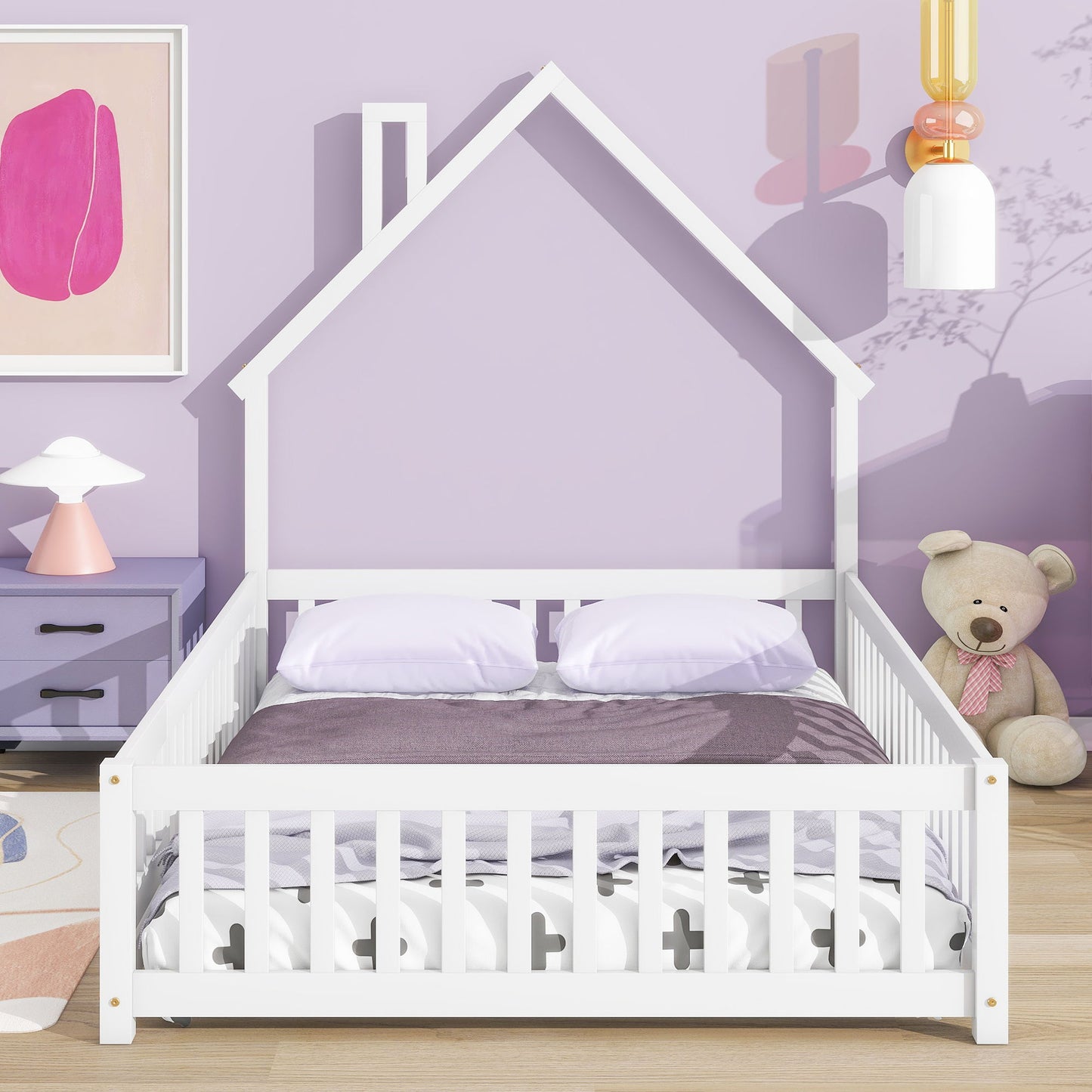 Full House-Shaped Headboard Floor Bed With Fence - White