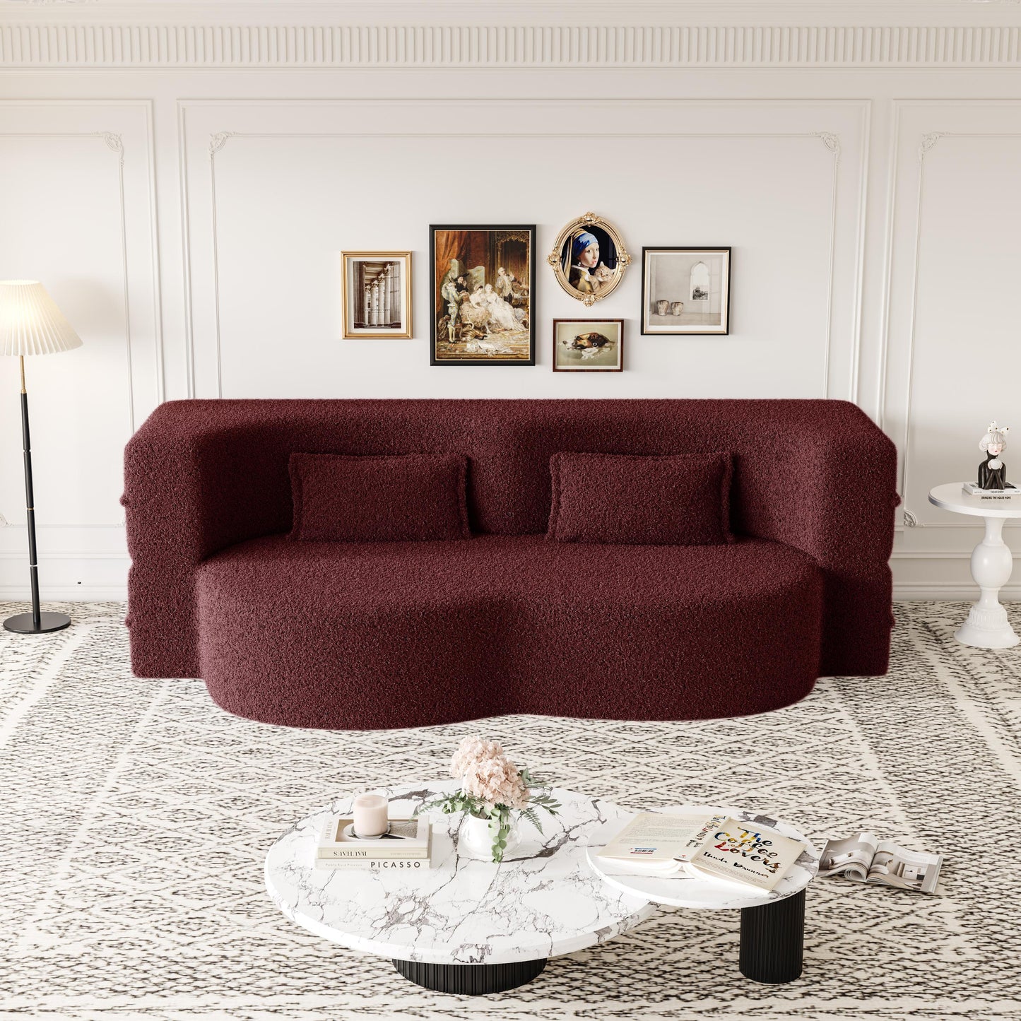 Modern Floor Sofa With 2 Pillows, Convertible Teddy Fabric Foam Filled Sleeper Sofa Bed, Full Size Folding Mattress For Living Room Guest Bed, Playroom, No Assembly Required - Burgundy