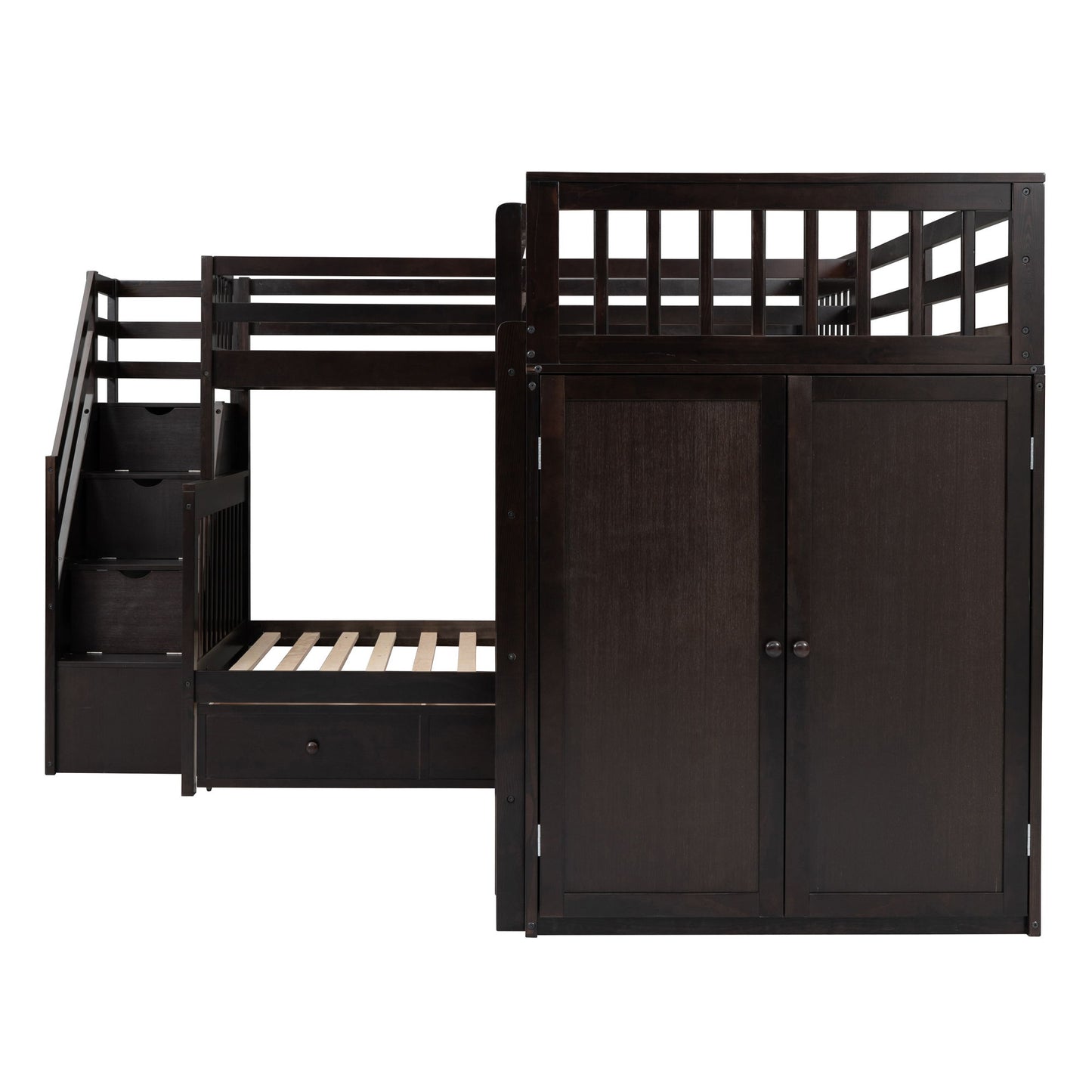 Twin Twin Over Full L Shaped Bunk Bed With 3 Drawers, Portable Desk And Wardrobe - Espresso