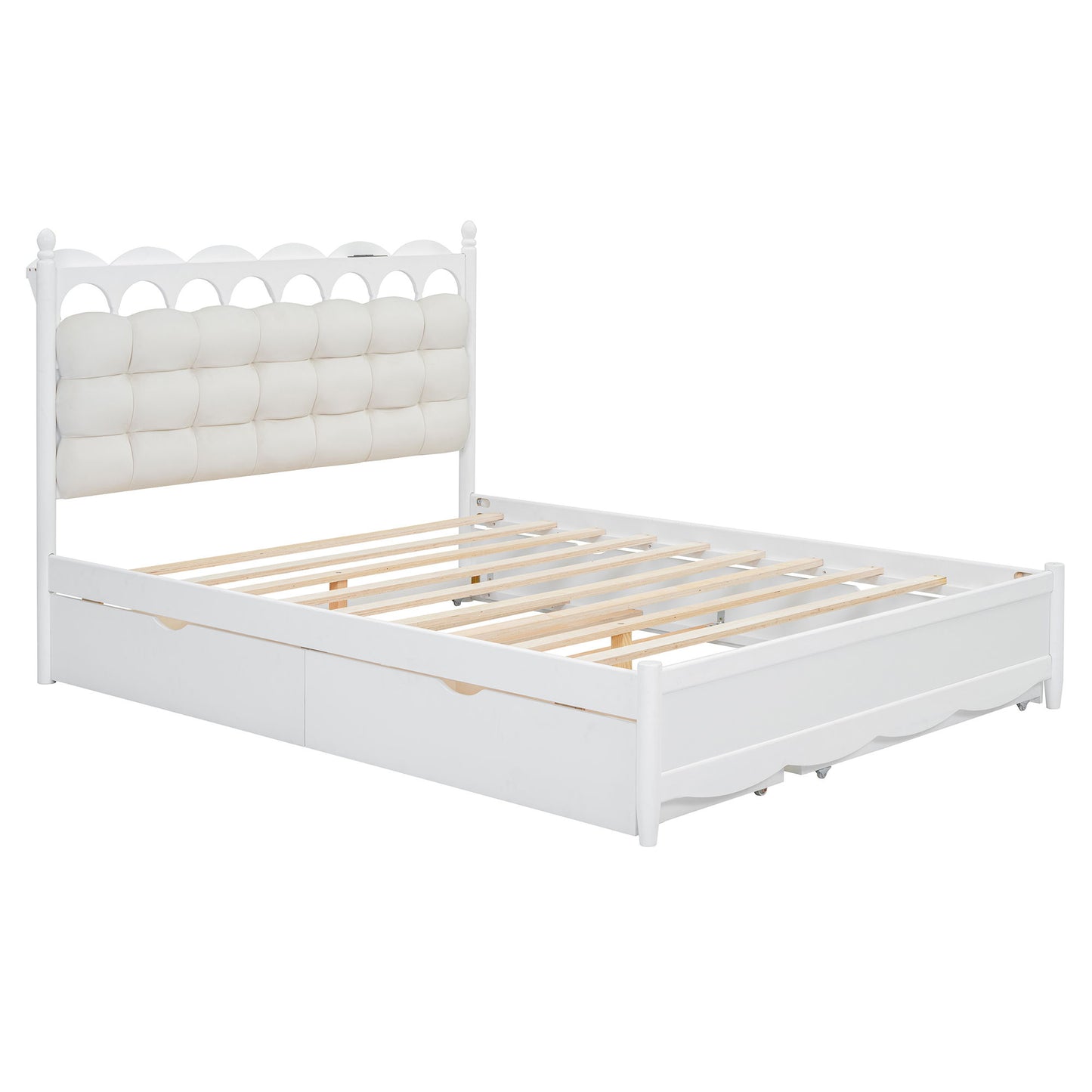 Queen Size Storage Platform Bed, With 2 Big Drawers, Twin Long Size Trundle, One Set Of Sockets & USB Ports - White
