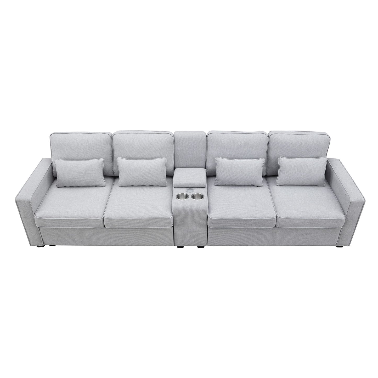 Upholstered Sofa With Console, 2 Cupholders And 2 USB Ports Wired Or Wirelessly Charged, Modern Linen Fabric Couches With 4 Pillows (4 Seat) - Light Gray