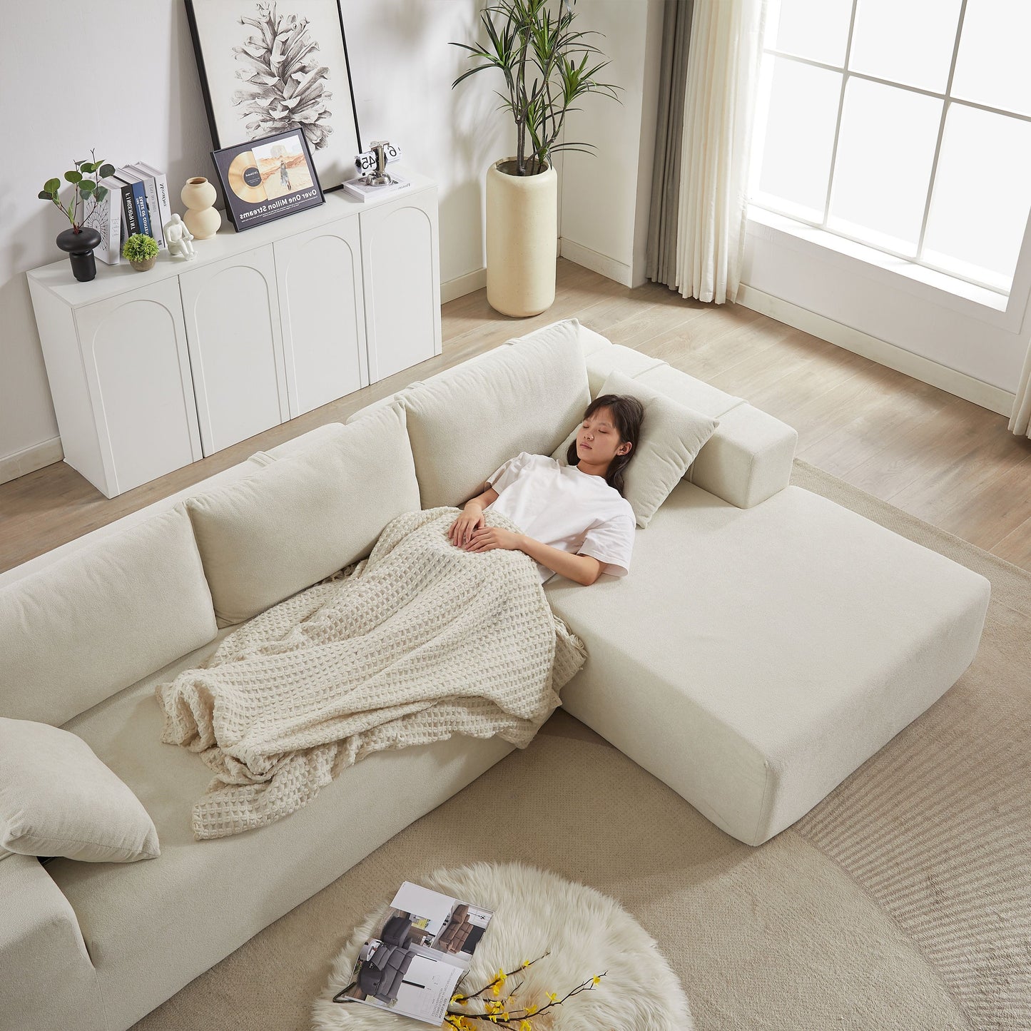 Modern Chenille Upholstered Sectional Sofa Couch Set, Modular L Shaped Sectional Living Room Sofa Set & 6 Pillows, Free Combination - Beige