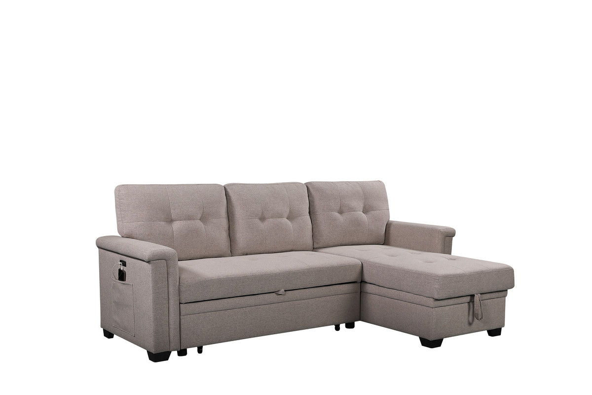 Nathan - Reversible Sleeper Sectional Sofa With Storage Chaise, USB Charging Ports And Pocket - Light Gray