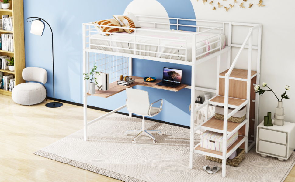 Full Size Loft Bed With Desk And Grid, Stylish Frame With Lateral Storage Ladder And Wardrobe - White