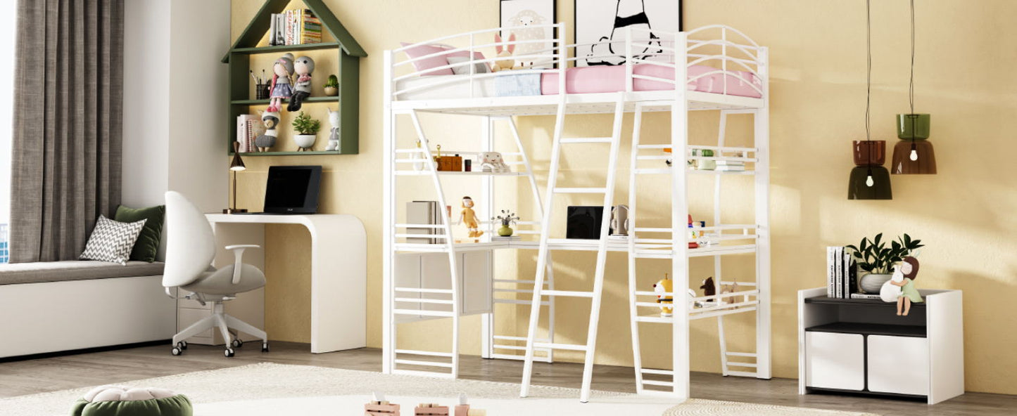 Twin Size Loft Bed With 4 Layers Of Shelves And L-Shaped Desk, Stylish Frame With A Set Of Sockets, USB Ports And And Wireless Charging - White