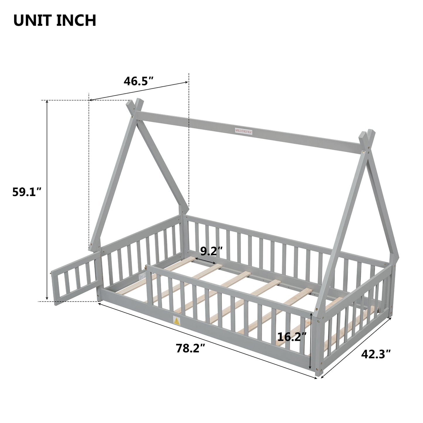 Twin Tent-Shaped Floor Bed, With Guardrails, Slats, Door - Gray