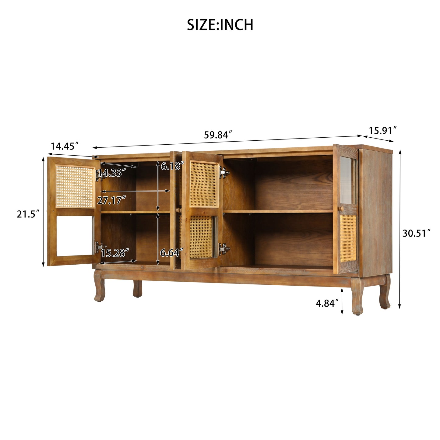 Retro 4 Door Sideboard With Large Storage Space, Artificial Rattan Doors - Transparent Glass - Antique Brown