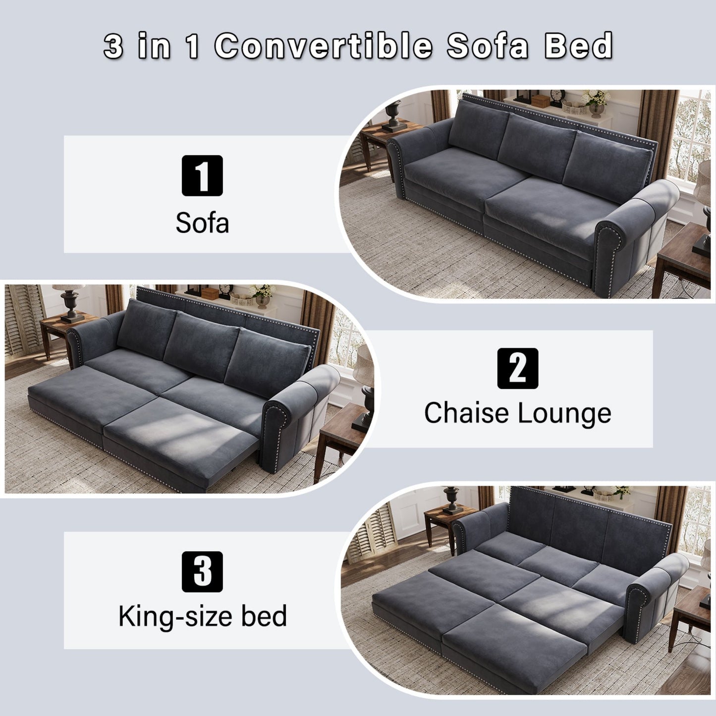 King Pull Out Sofa Bed, Chesterfield Sofa, 3 In 1 Velvet Convertible Sleeper Sofa With Nailhead Trim & Rolled Arm Multifunctional Sofa Bed For Living Room - Gray