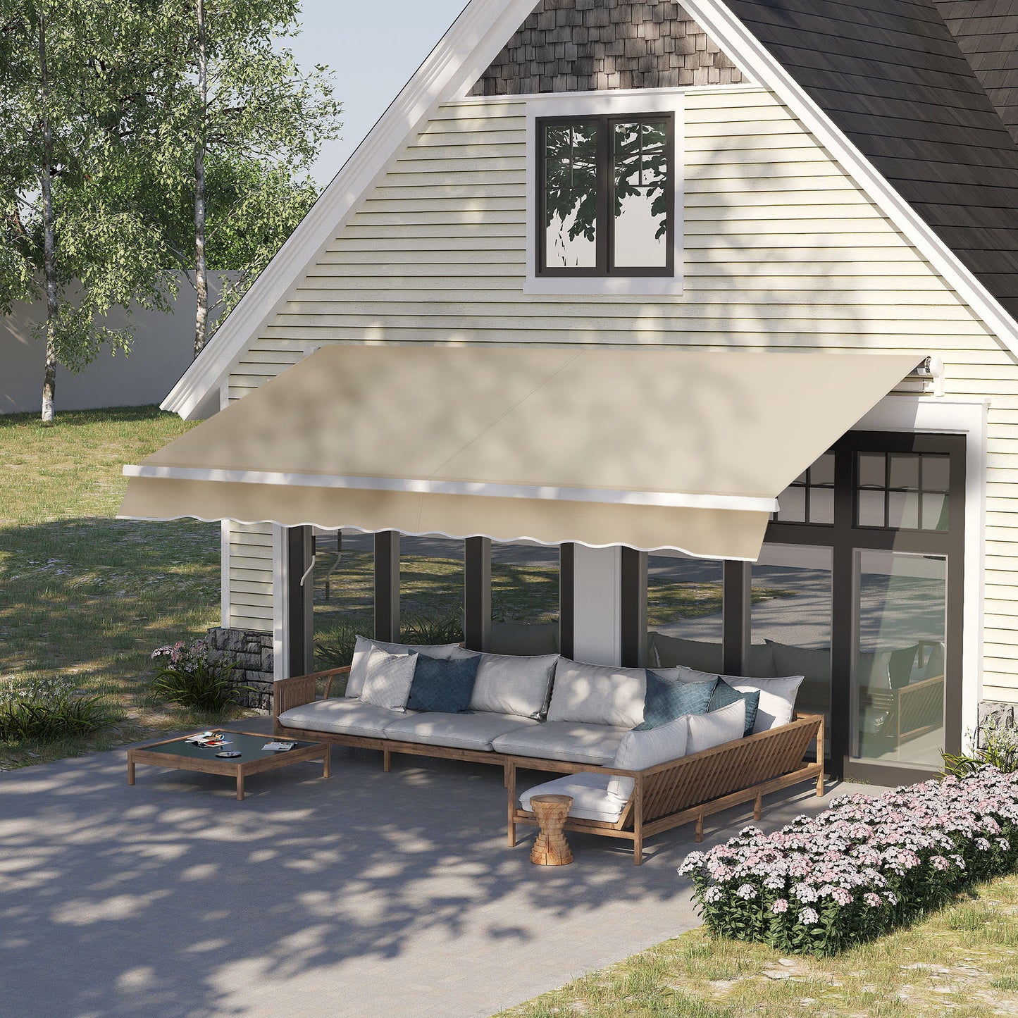 Outsunny - 12' x 8' Retractable Awning Patio Awnings Sun Shade Shelter With Manual Crank Handle, 280G / M����������� Uv & Water-Resistant Fabric And Aluminum Frame For Deck, Balcony, Yard - Cream White