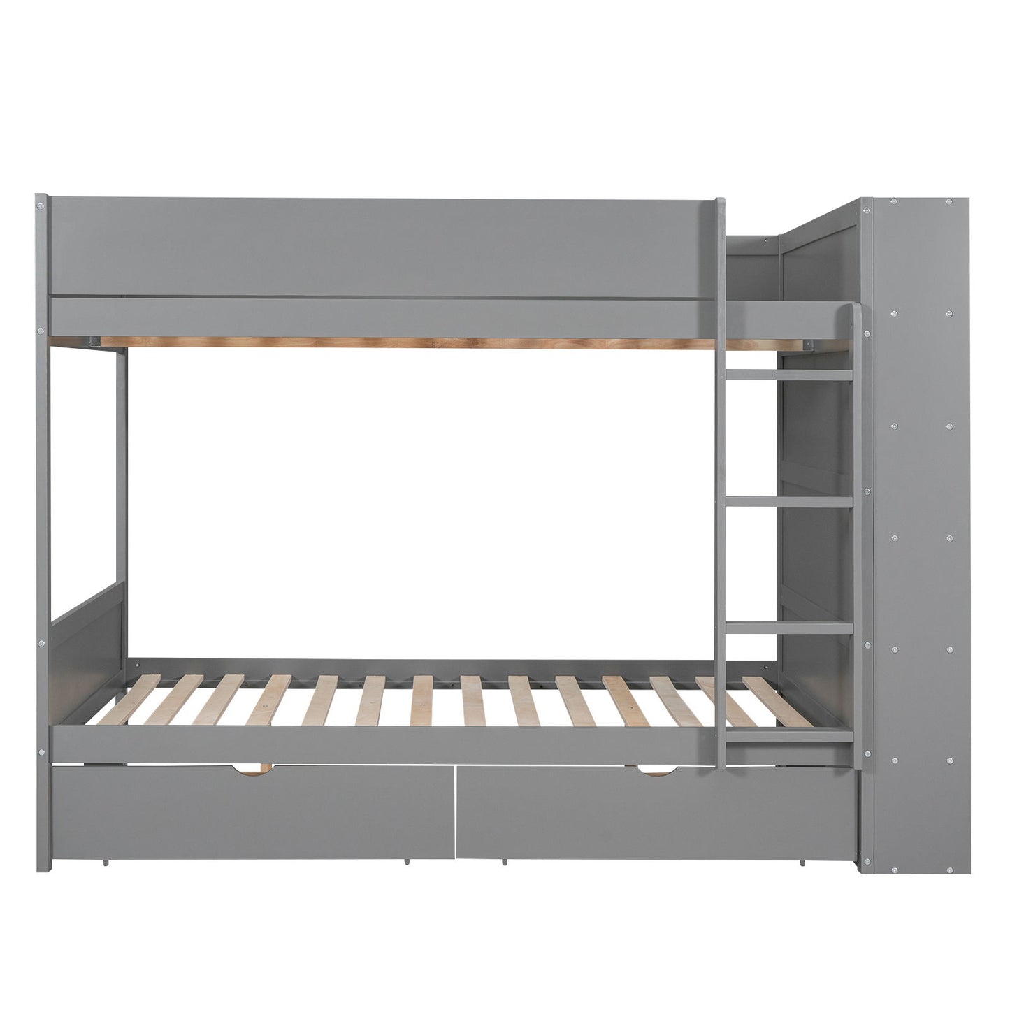 Full Over Full Bunk Bed With 2 Drawers And Multi-Layer Cabinet - Gray