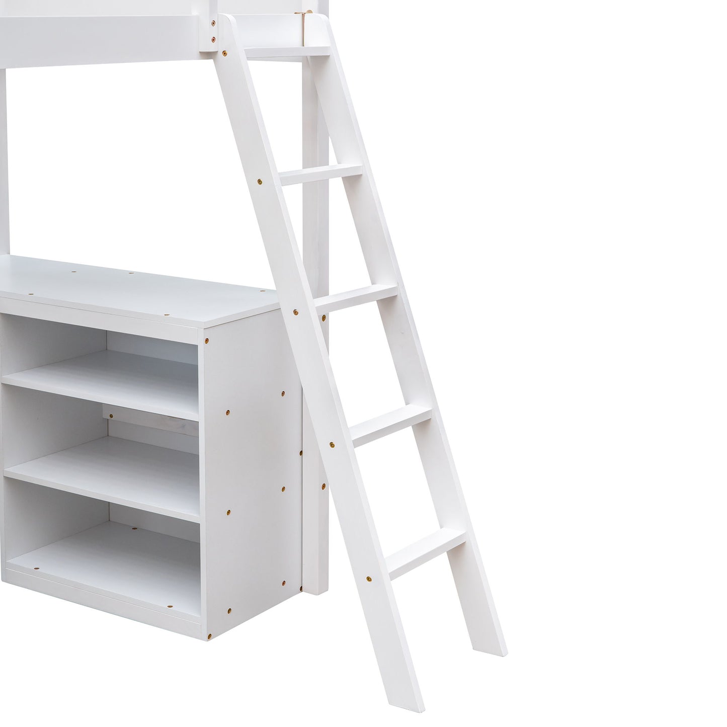 Twin Size Loft Bed With Shelves With Desk - White