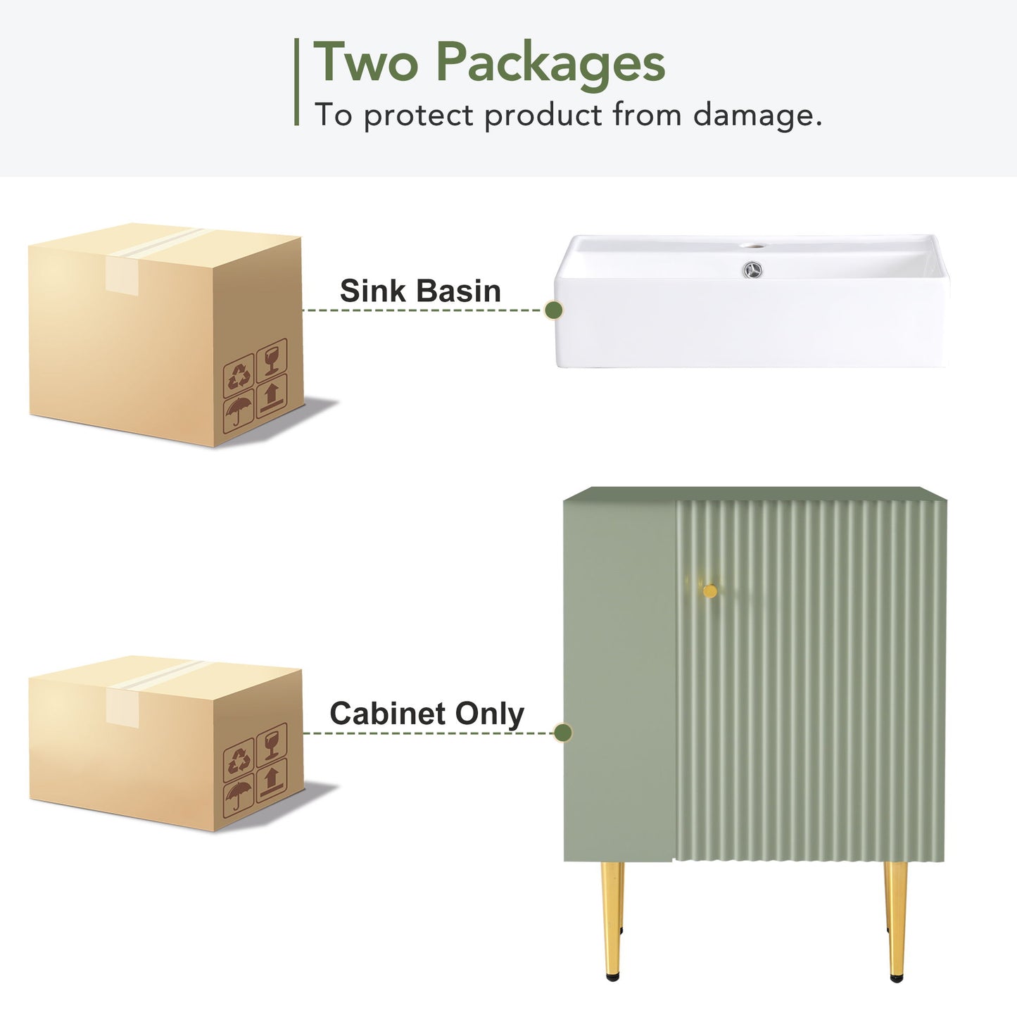Bathroom Vanity, Combo Cabinet, Bathroom Storage Cabinet, Single Ceramic Sink, Left Side Storage - Green