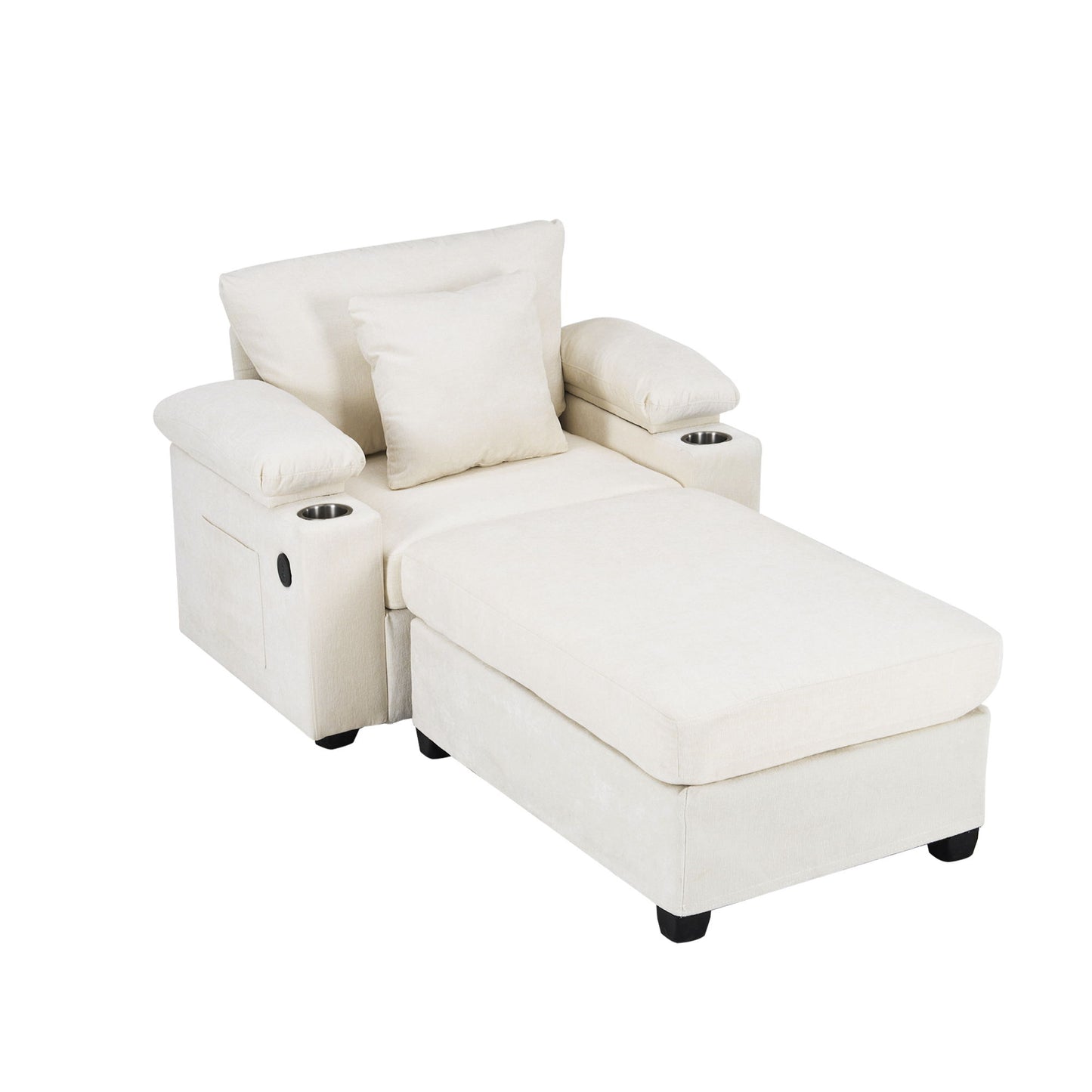 Modern Oversized Chair With Ottoman, Chenille Fabric Sofa Bed, Accent Chair Comfy Sofa With Cupholders And USB Charging Ports Chair For Living Room, Bedroom, Apartment - Beige