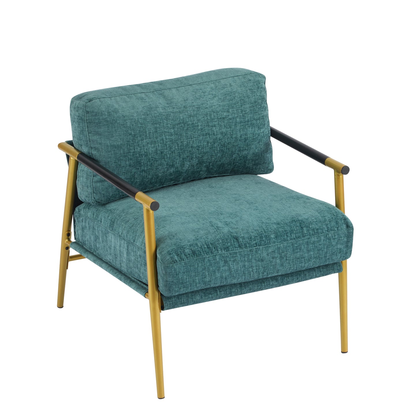 Modern Accent Chair With Plush Cushions, Metal Frame, Wooden Armrests Cozy Seating For Living Room, Bedroom, Office - Gold / Teal Blue