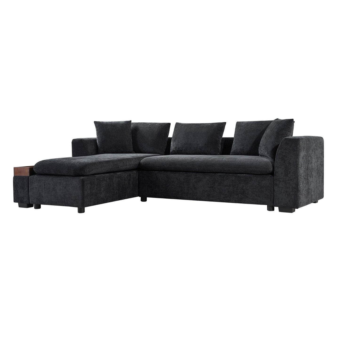 Modern L Shaped Sectional Sofa With Chenille Upholstery And Wooden Storage - Black
