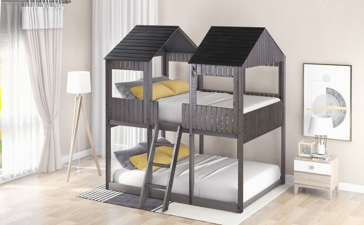 Full Over Full Bunk Bed With Roof, Window, Guardrail, Ladder - Antique Gray