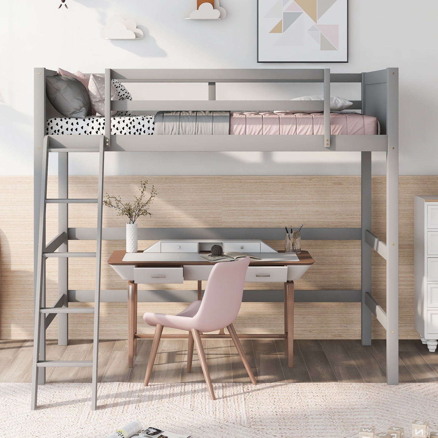 Twin Size Loft Bed With Ladder - Gray