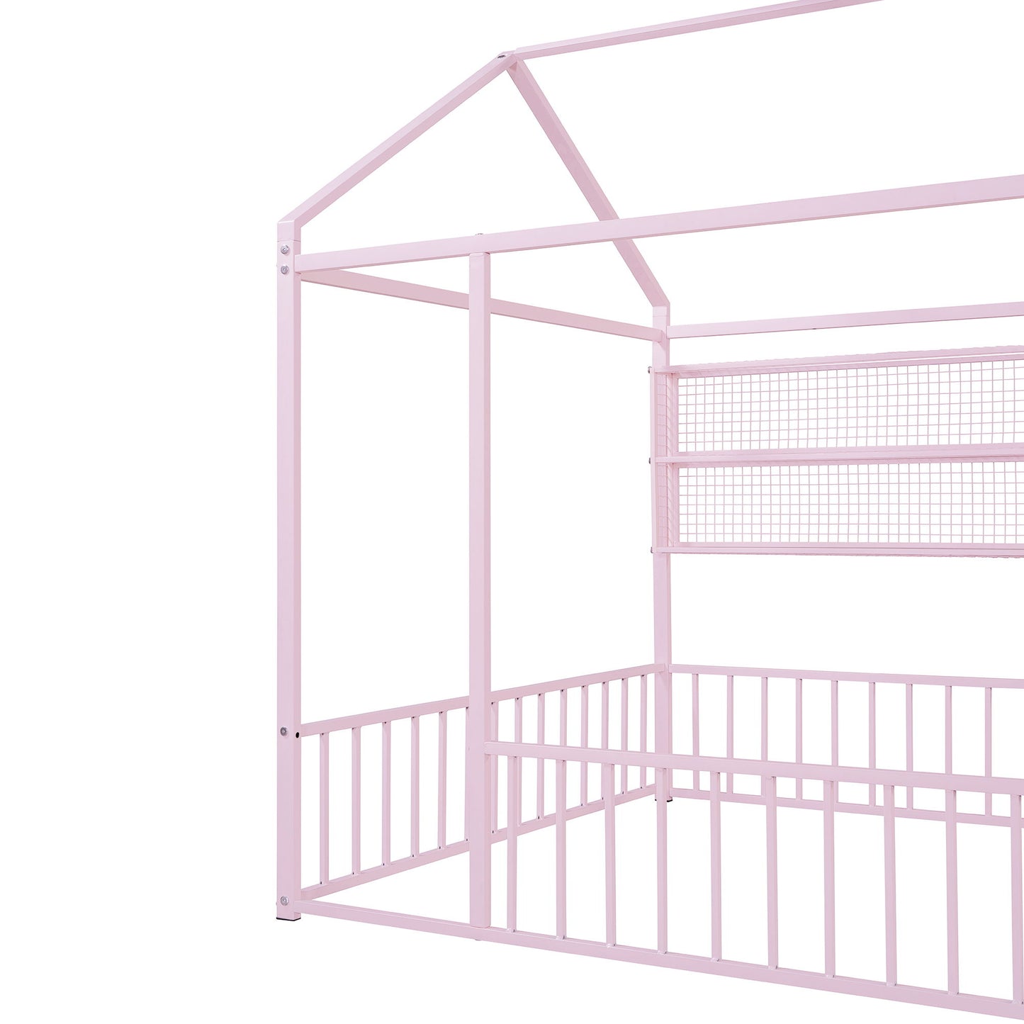 Full Size Bed House Frame With Fence And Shelves - Pink