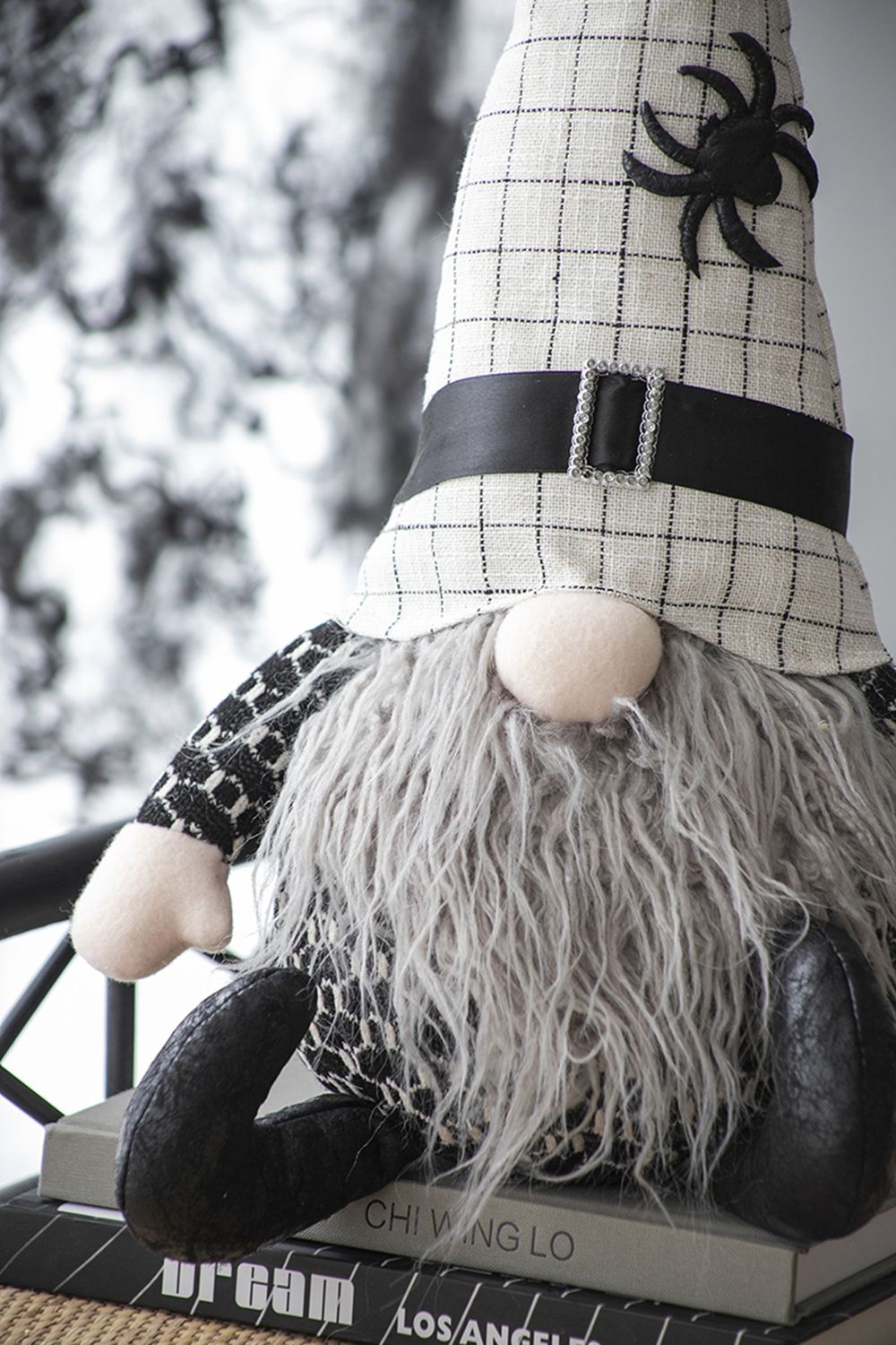 Sitting Gnome With Hat Spider, For Halloween Decor - Black White