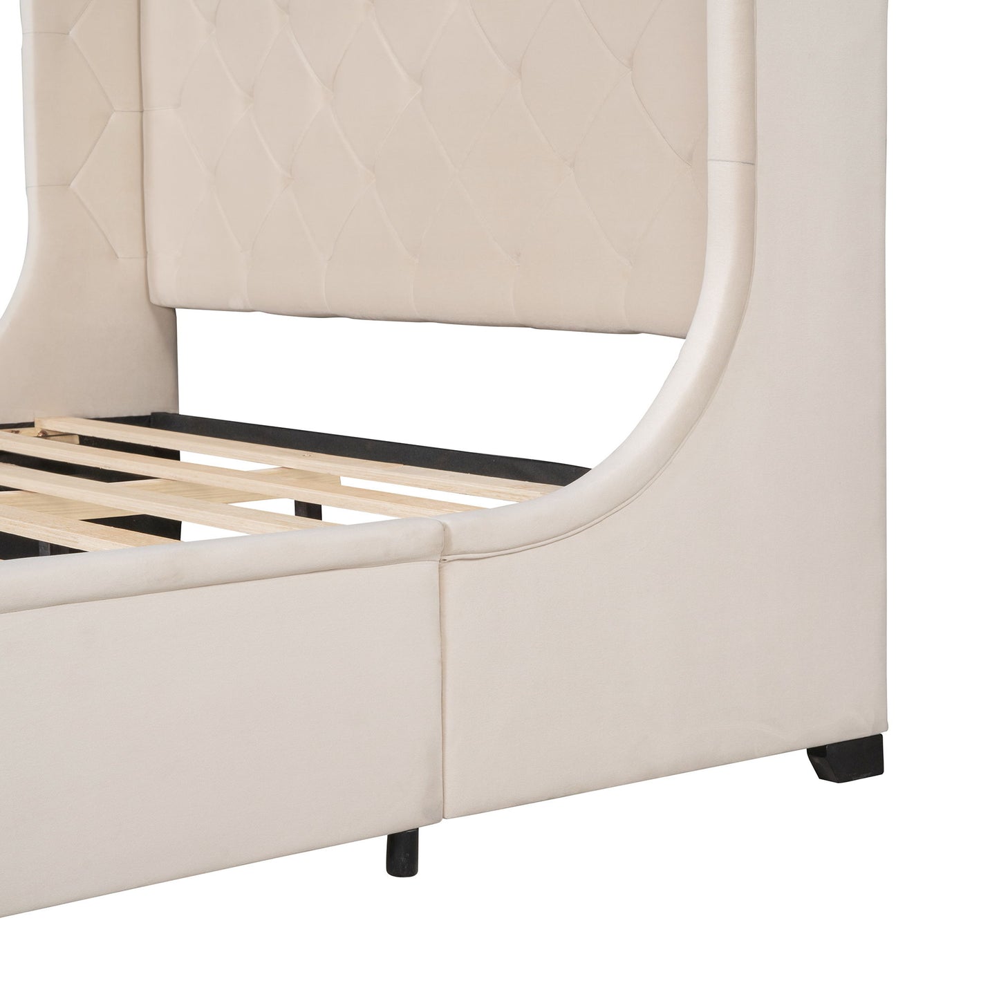 Queen Size Storage Upholstered Platform Bed With Wingback Headboard And A Big Drawer - Beige
