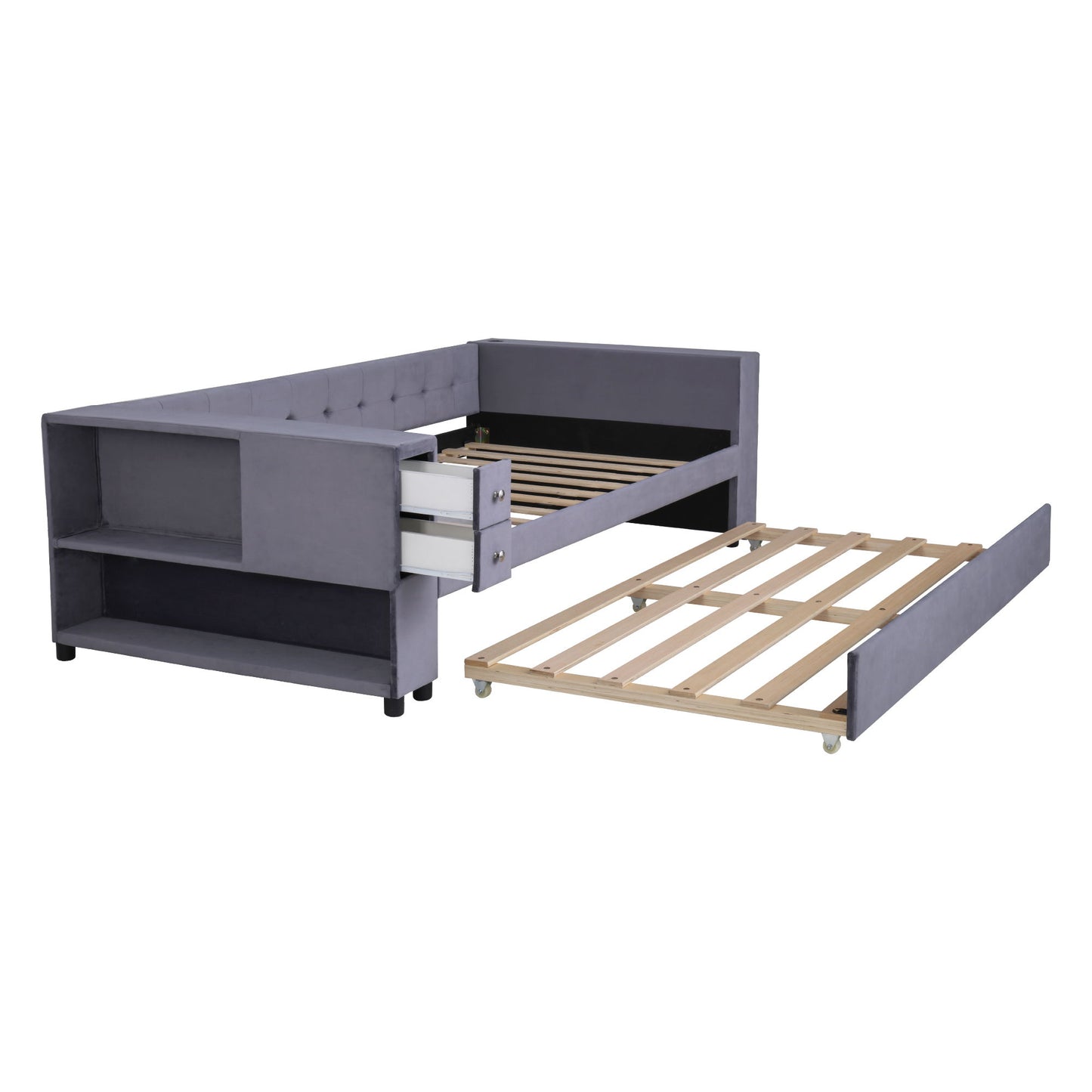 Twin Upholstered Bed With Storage And Twin Trundle, USB Charging Ports - Gray