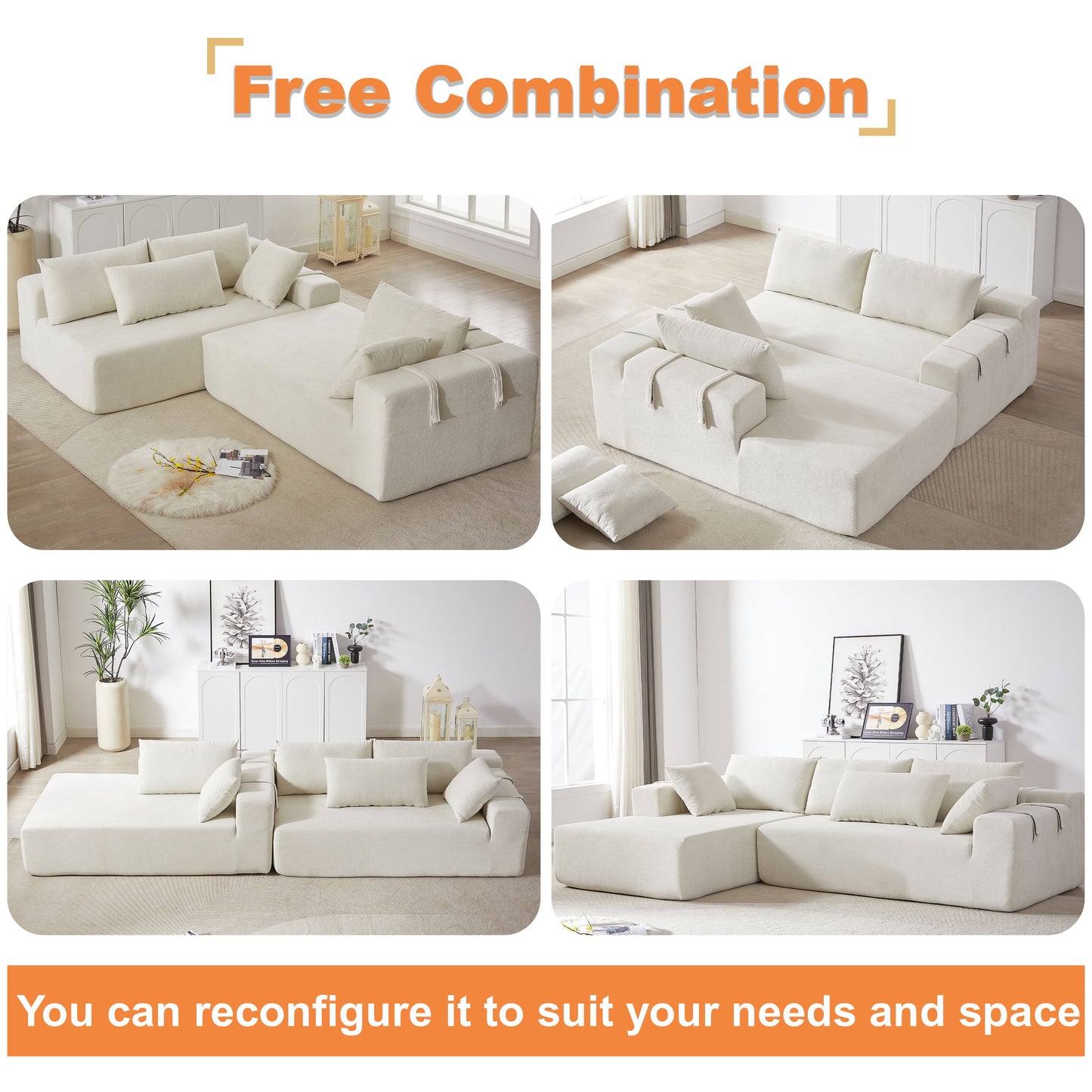 Modern Chenille Upholstered Sectional Sofa Couch Set, Modular L Shaped Sectional Living Room Sofa Set With 6 Pillows, Free Combination - Beige