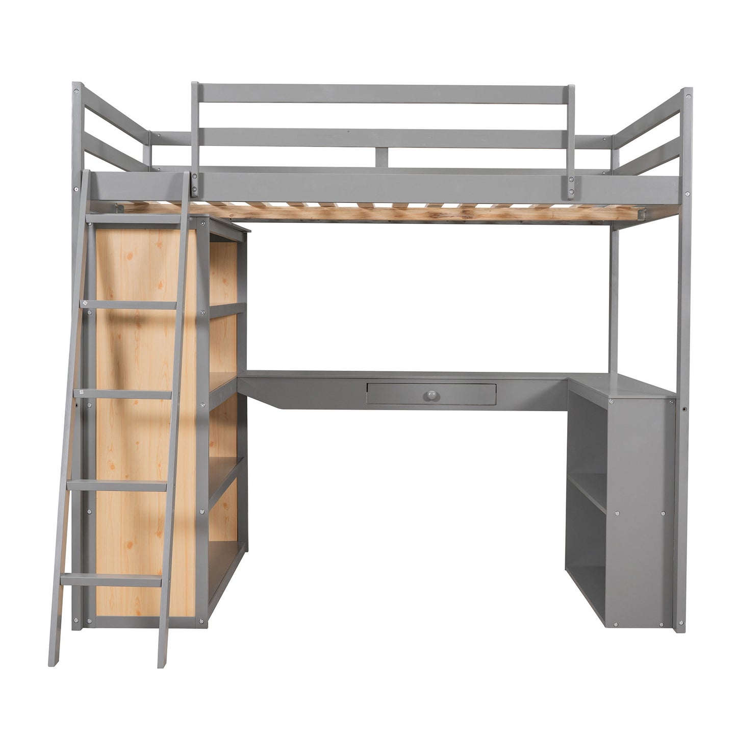 Full Size Loft Bed With Ladder, Shelves, And Desk - Gray