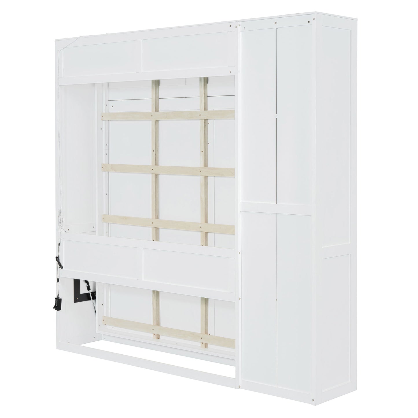 Full Size Murphy Wall Bed With Shelves, Wardrobe And LED Lights - White