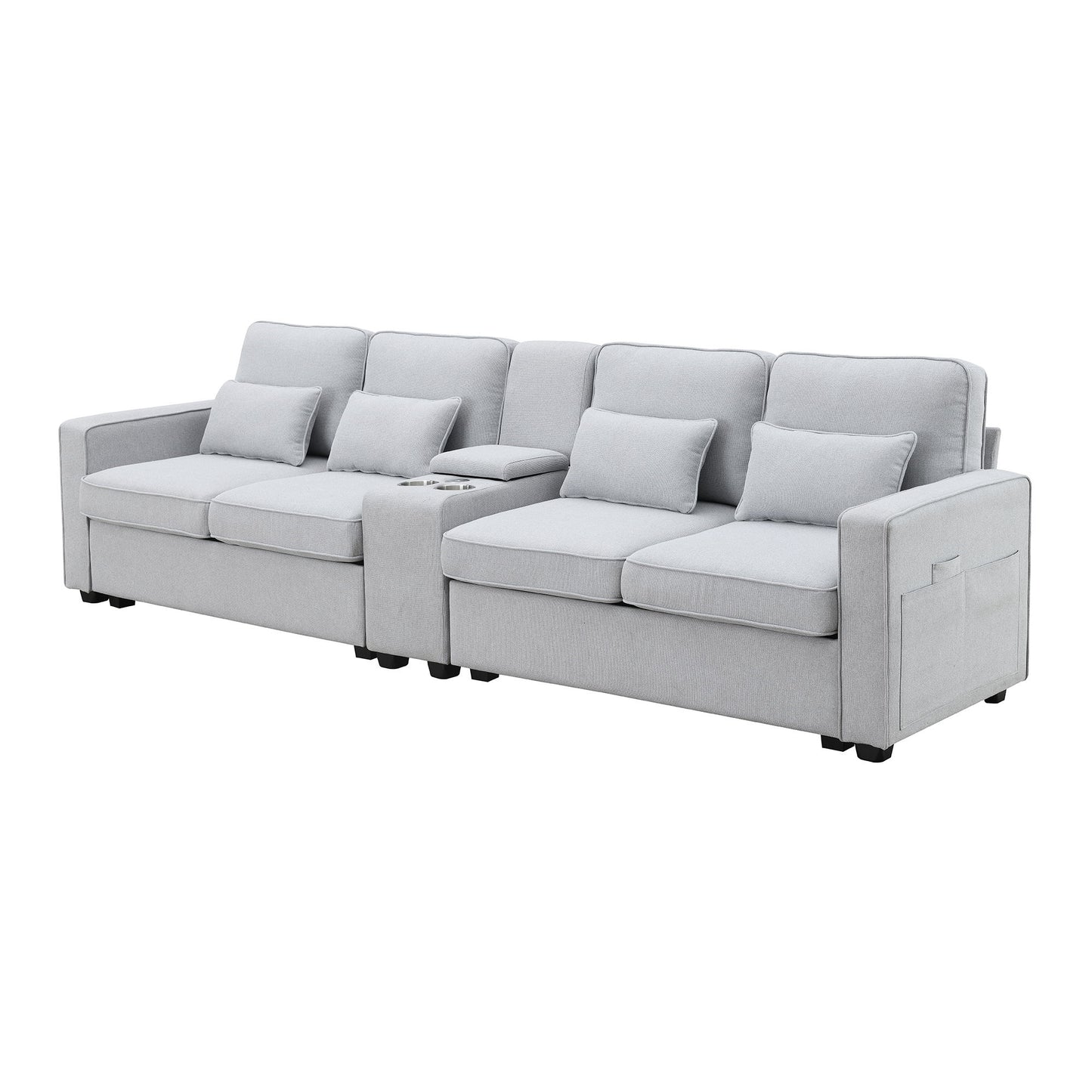 Upholstered Sofa With Console, 2 Cupholders And 2 USB Ports Wired Or Wirelessly Charged, Modern Linen Fabric Couches With 4 Pillows (4 Seat) - Light Gray