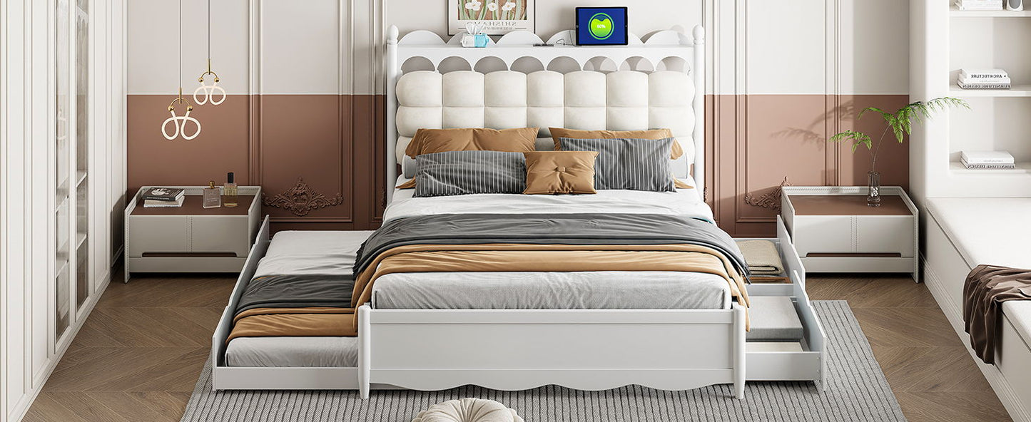 Queen Size Storage Platform Bed, With 2 Big Drawers, Twin Long Size Trundle, One Set Of Sockets & USB Ports - White