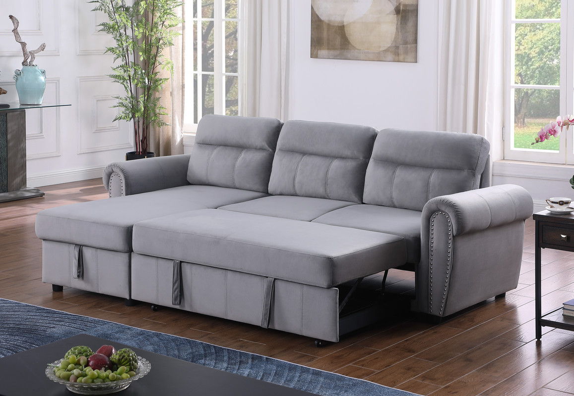 Ashton - Velvet Fabric Reversible Sleeper Sectional Sofa Chaise - Gray