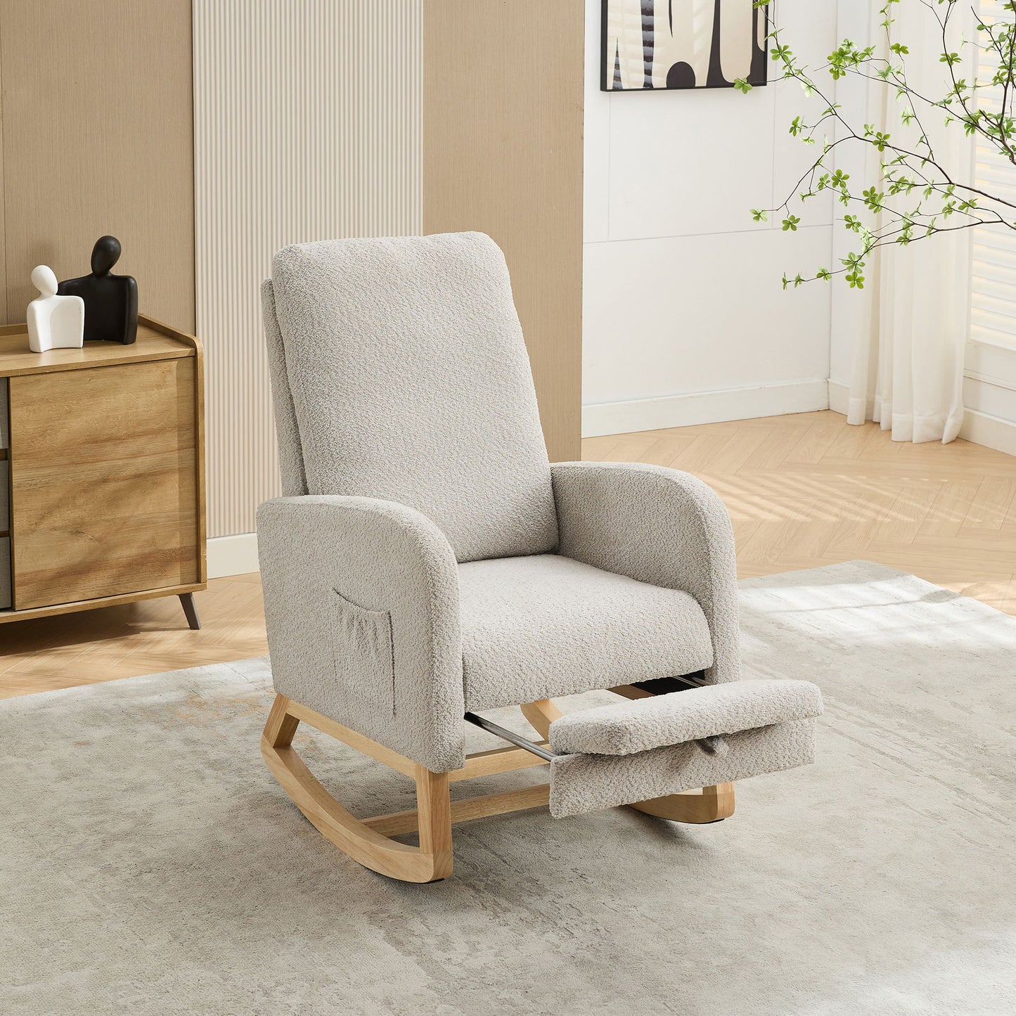Rocking Chair For Nursery, High Back Glider Chair With Retractable Footrest, Side Pocket, Rocking Accent Armchair With Rubber Wood Legs For Living Room / Bedroom - Light Gray