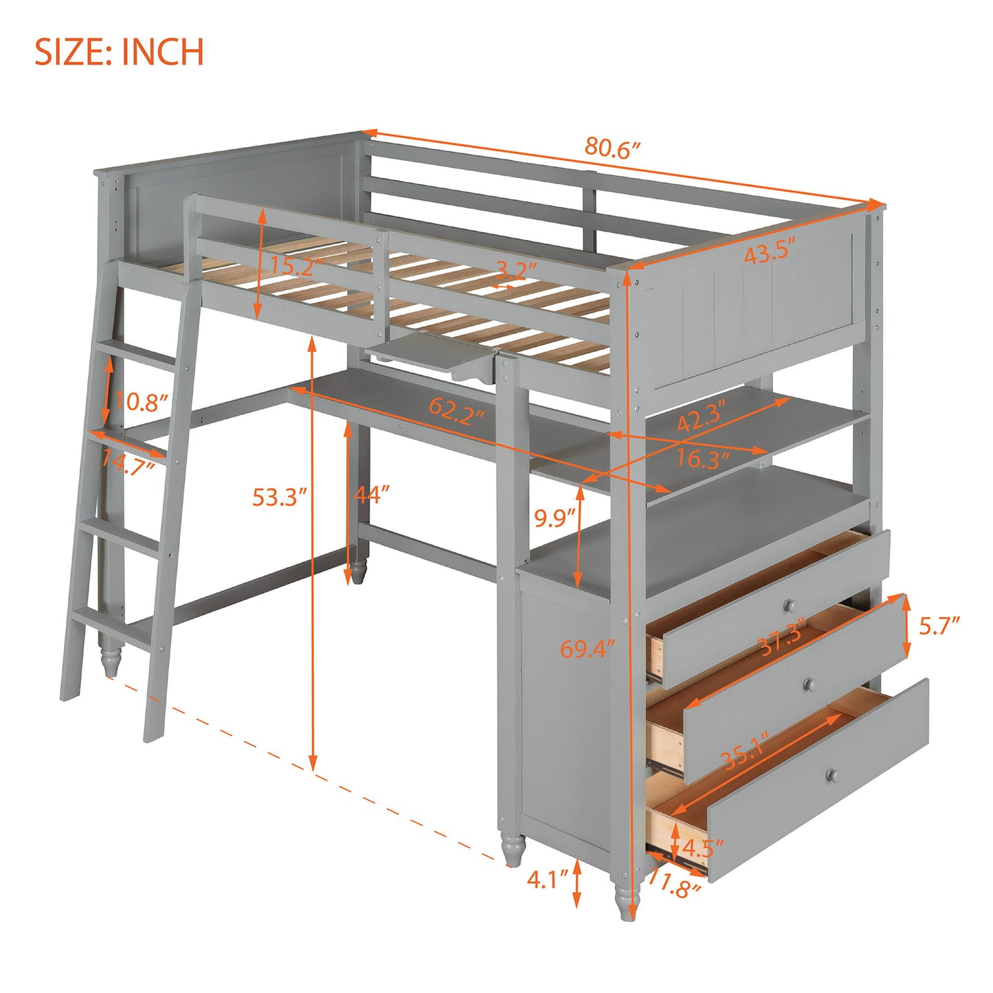 Twin Size Loft Bed With Drawers And Desk, With Shelves - Gray