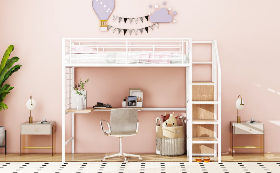 Twin Size Loft Bed With Desk And Grid, Stylish Frame With Lateral Storage Ladder And Wardrobe - White