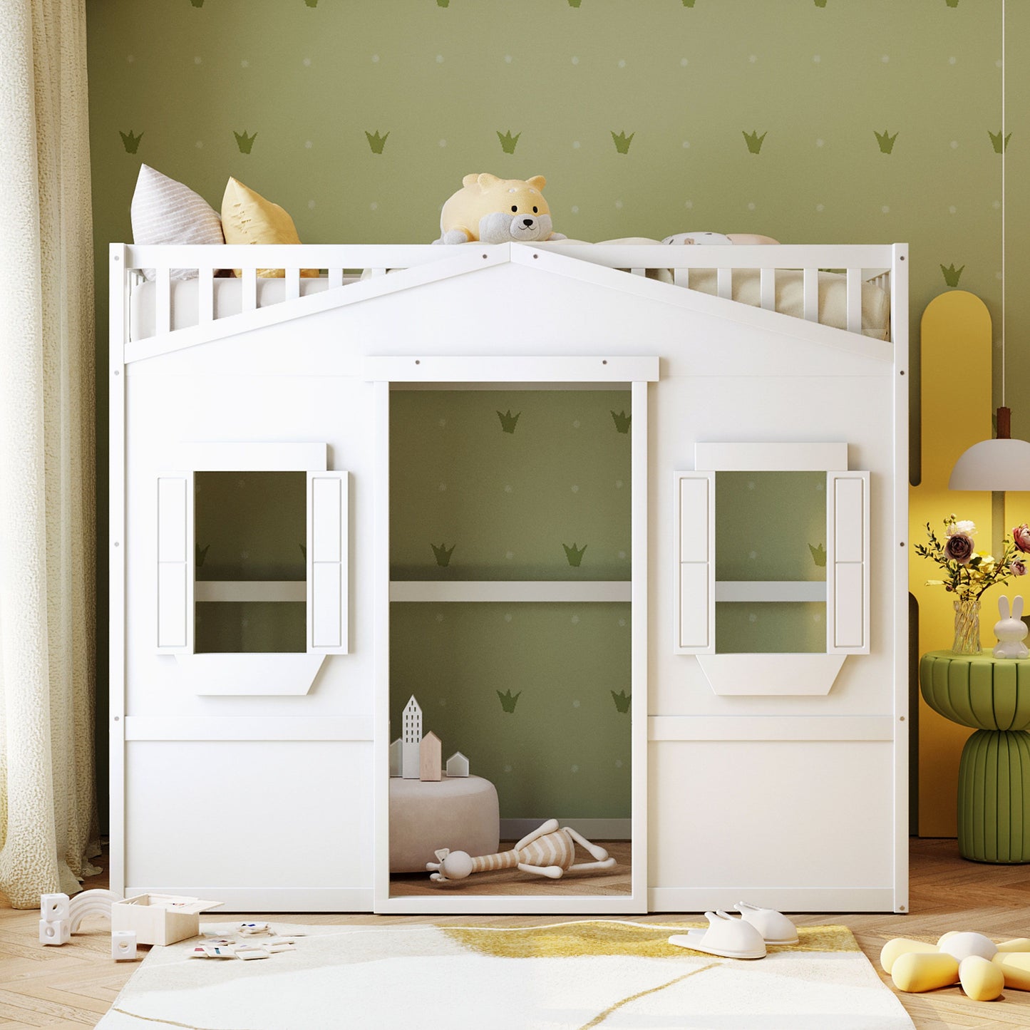 Twin Size House Loft Bed With Ladder - White