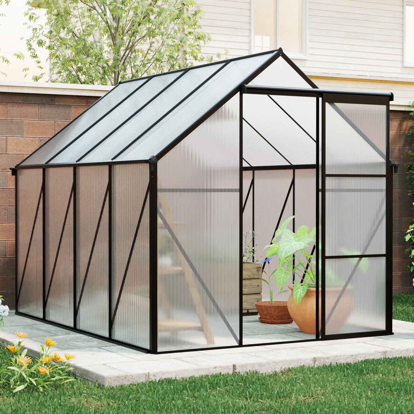 6X8 Ft Polycarbonate Greenhouse Raised Base And Anchor Aluminum Heavy Duty Walk-In Greenhouses For Outdoor Backyard In All Season - Black