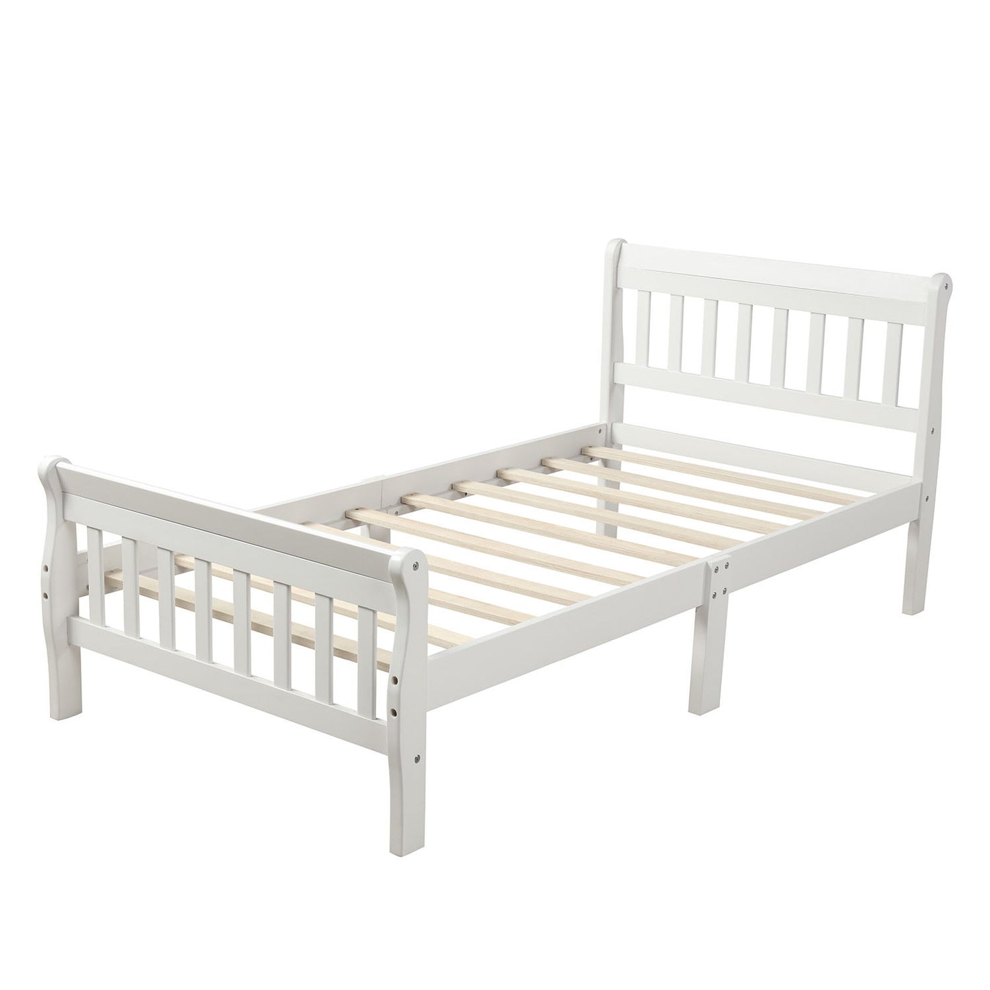 Twin Platform Bed, Mattress Foundation Sleigh Bed With Headboard, Footboard, Slat Support - White