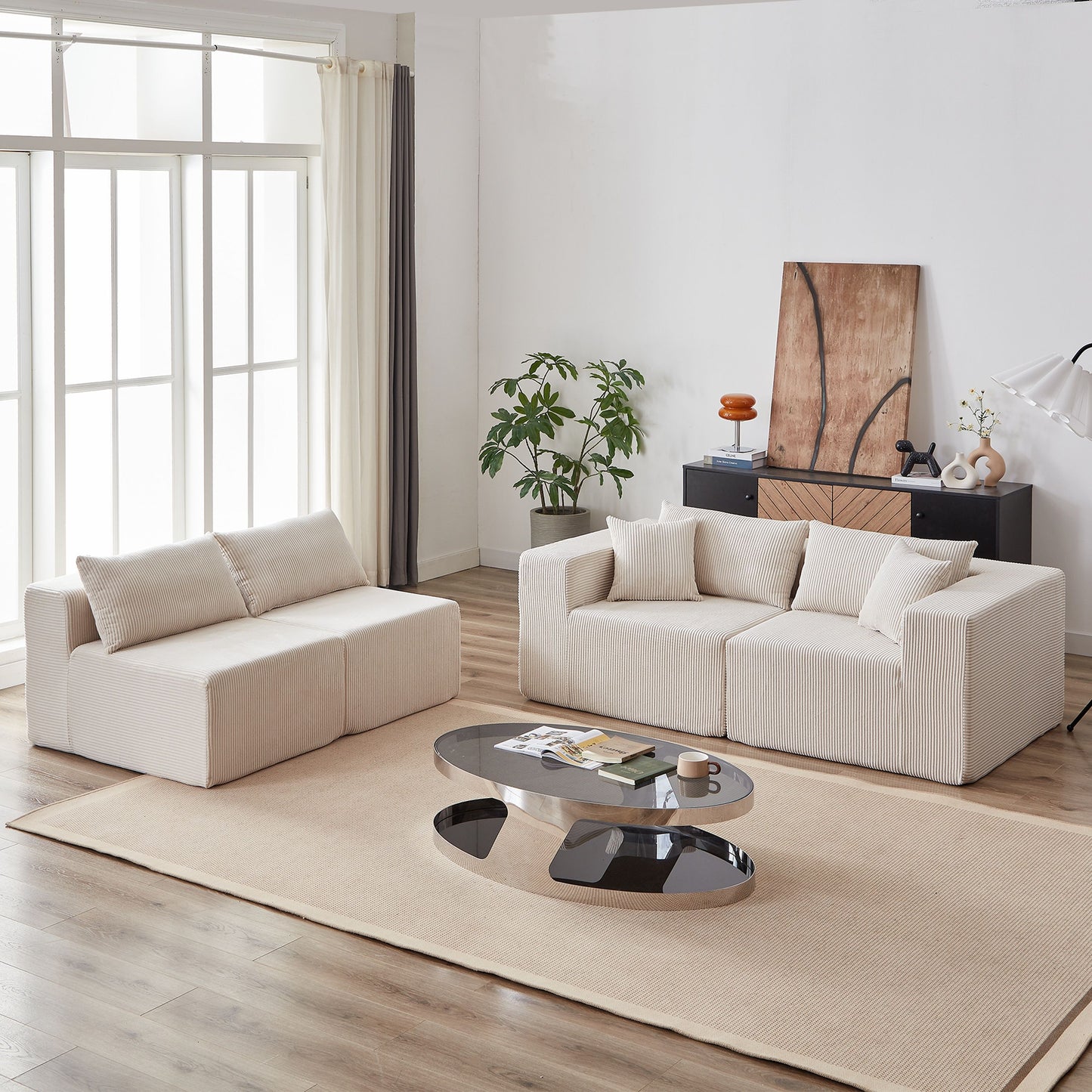 Corduroy Modular L Shaped Sectional Sofa, Luxury Floor Couch Set, 4 Piece Free Combination - Beige
