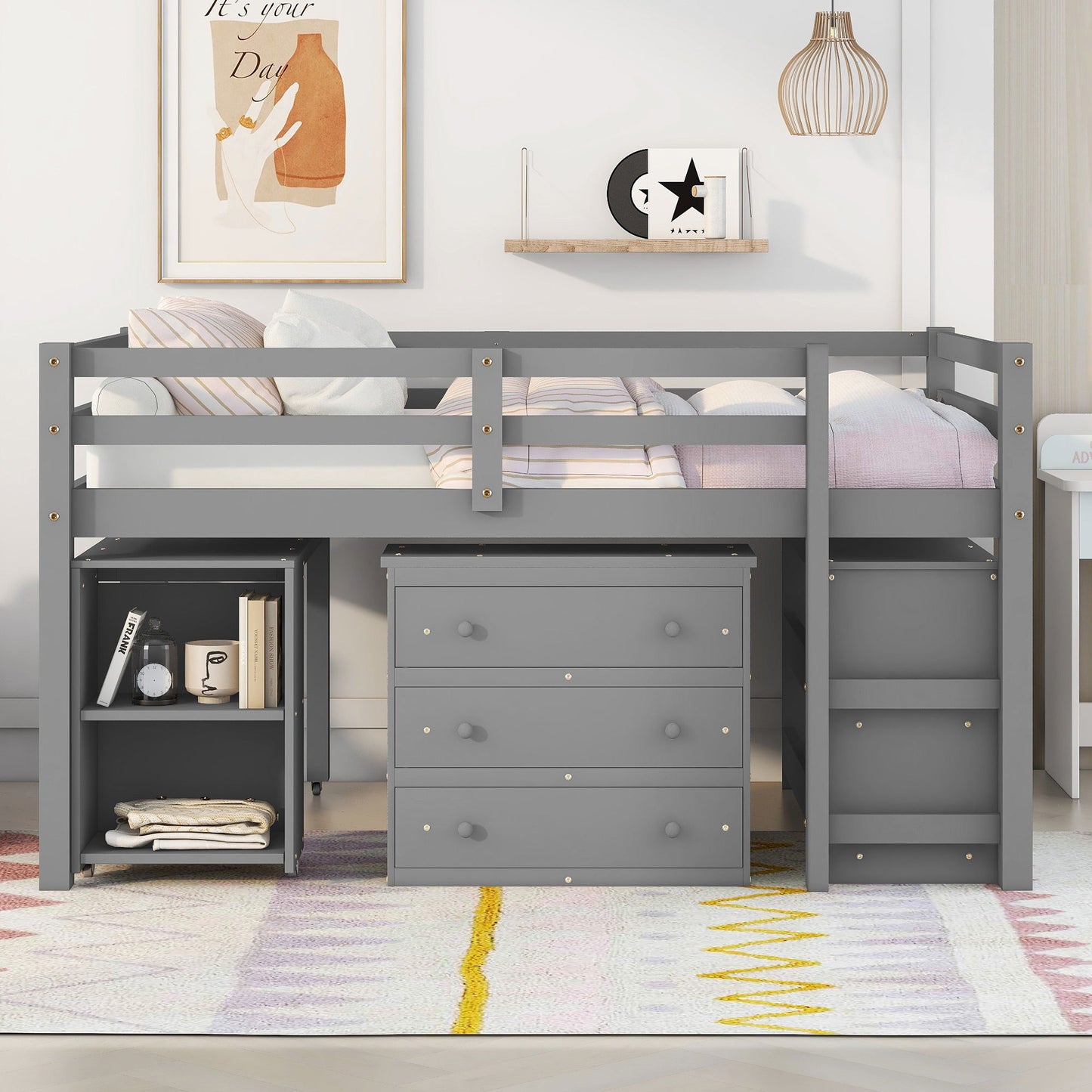 Full Loft Low Study Bed With Cabinet, Shelves And Rolling Portable Desk, Multiple Functions- Gray