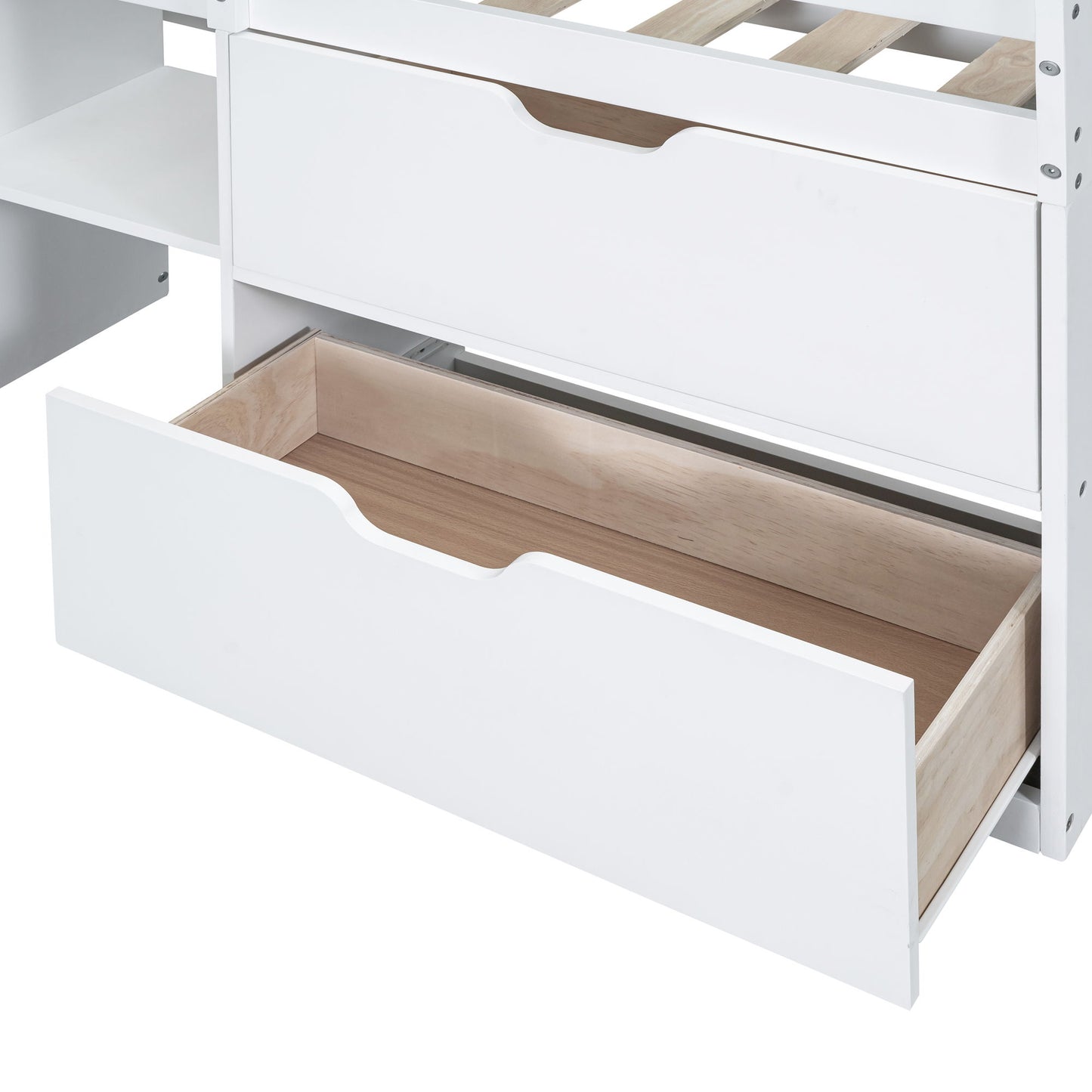 Twin Size Low Loft Bed With Rolling Desk, Shelf And Drawers - White