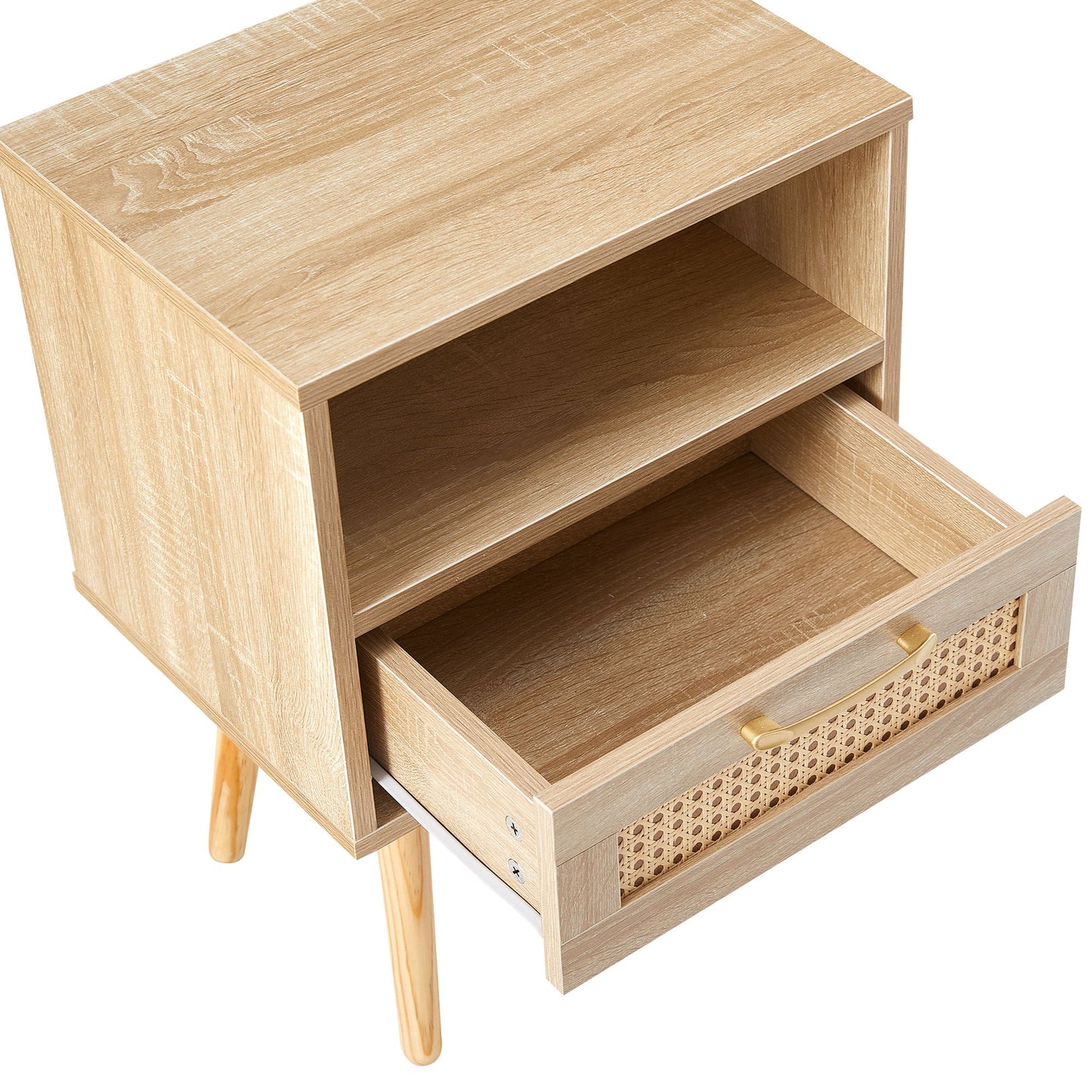 15.75" Rattan End Table With Drawer And Solid Wood Legs, Modern Nightstand, Side Table For Living Room, Bedroom - Natural