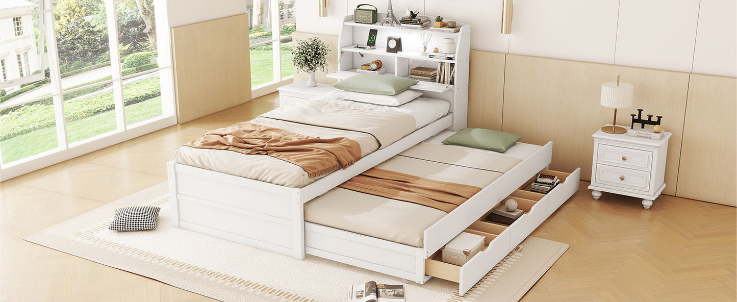 Twin Size LED Platform Bed With Trundle With Storage Headboard With Drawers - White