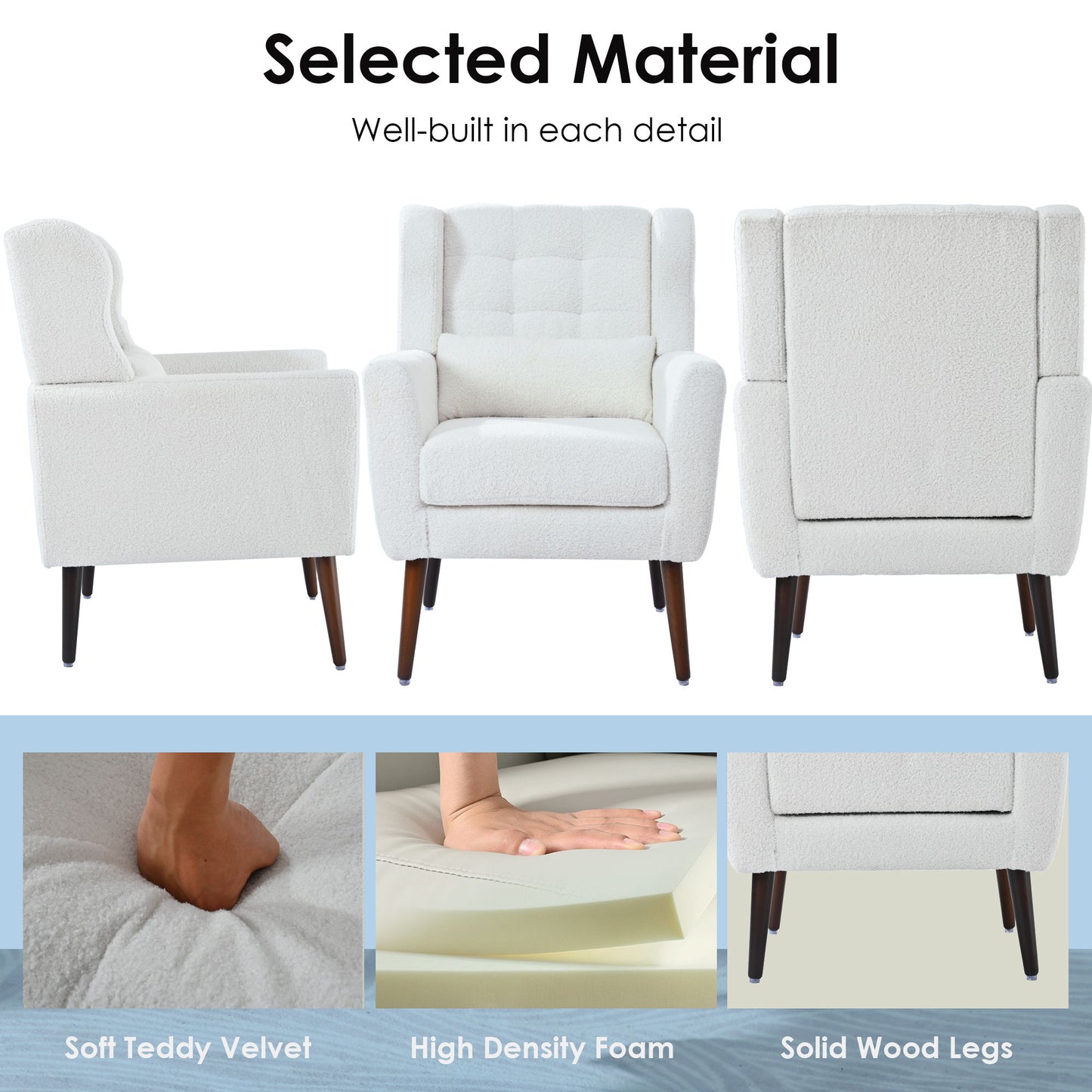 Modern Accent Chair, Teddy Fabric Living Room Chairs Comfy Reading Chair, Mid Century Accent Chair, Lounge Arm Chairs Armchair For Living Room Bedroom - White