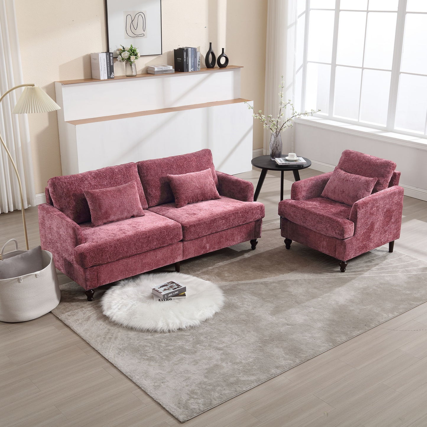 Mid Century Modern Chenille Fabric Loveseat Sofa, 2 Seat Upholstered Couch With Wood Feet - Wine Red
