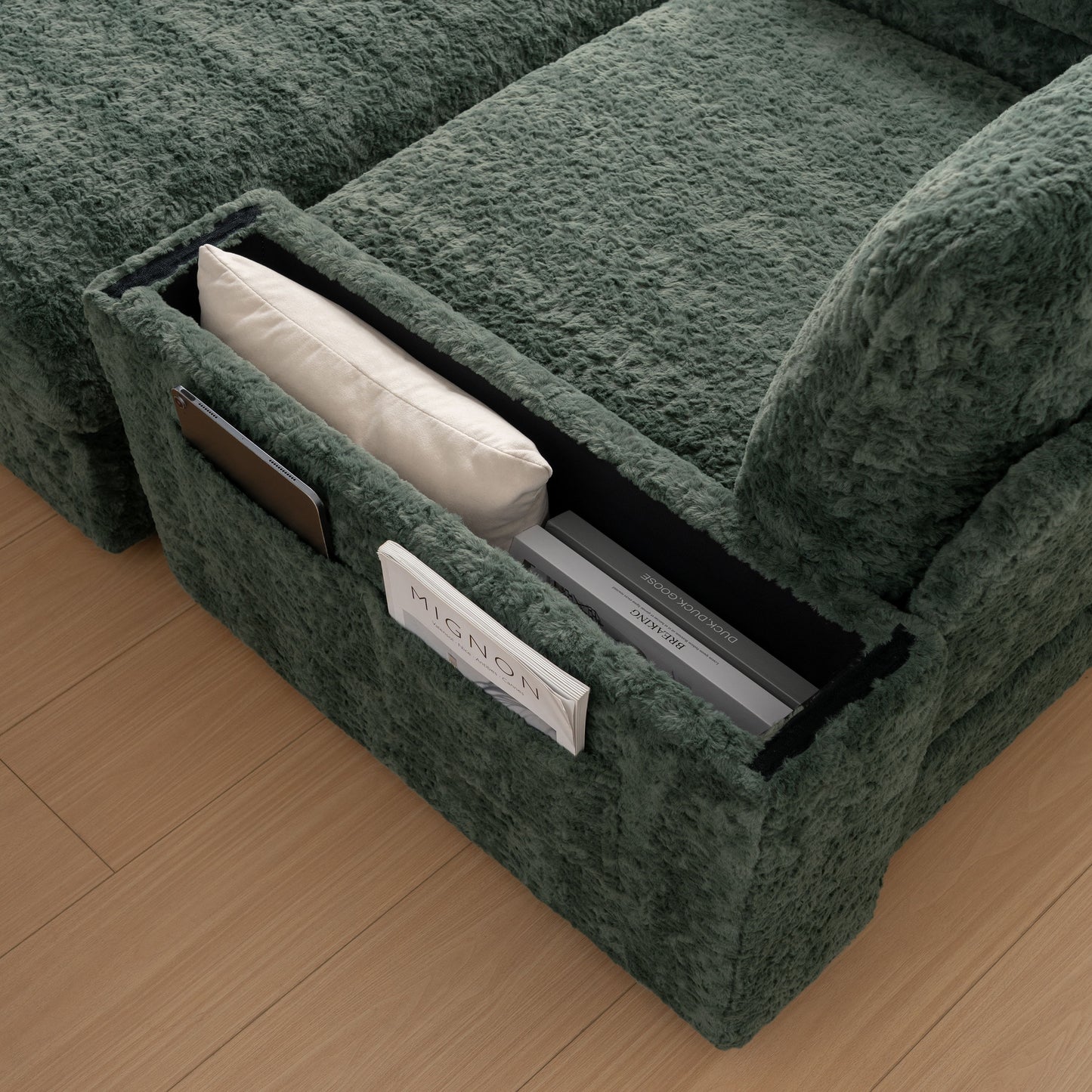 Oversized Chaise Lounge Indoor Rabbit Fur Sofa Bed With Storage Ottoman And Armrests Cup Holders With Deep Seat - Green
