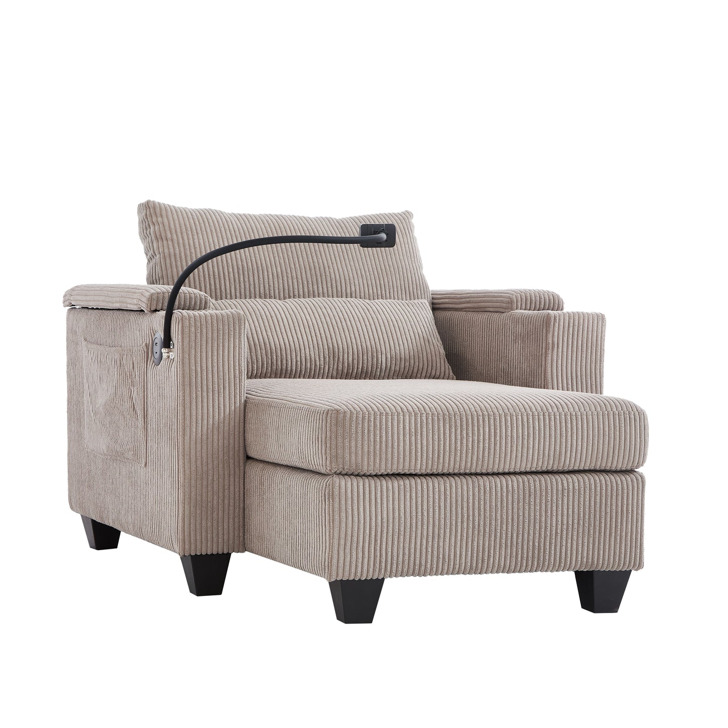 Convertible Chaise Lounge Sofa Chair With USB Ports, Cup Holders, Phone Holder, Storage - Brown