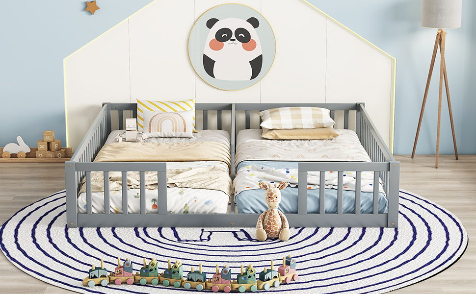 Double Twin Floor Bed With Fence, Guardrails, Without Door - Gray