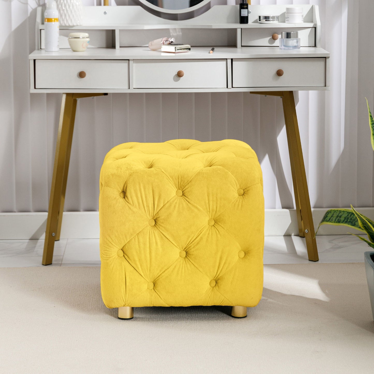 Modern Velvet Upholstered Ottoman, Exquisite Small End Table, Soft Foot Stool, Dressing Makeup Chair, Comfortable Seat For Living Room, Bedroom, Entrance - Yellow
