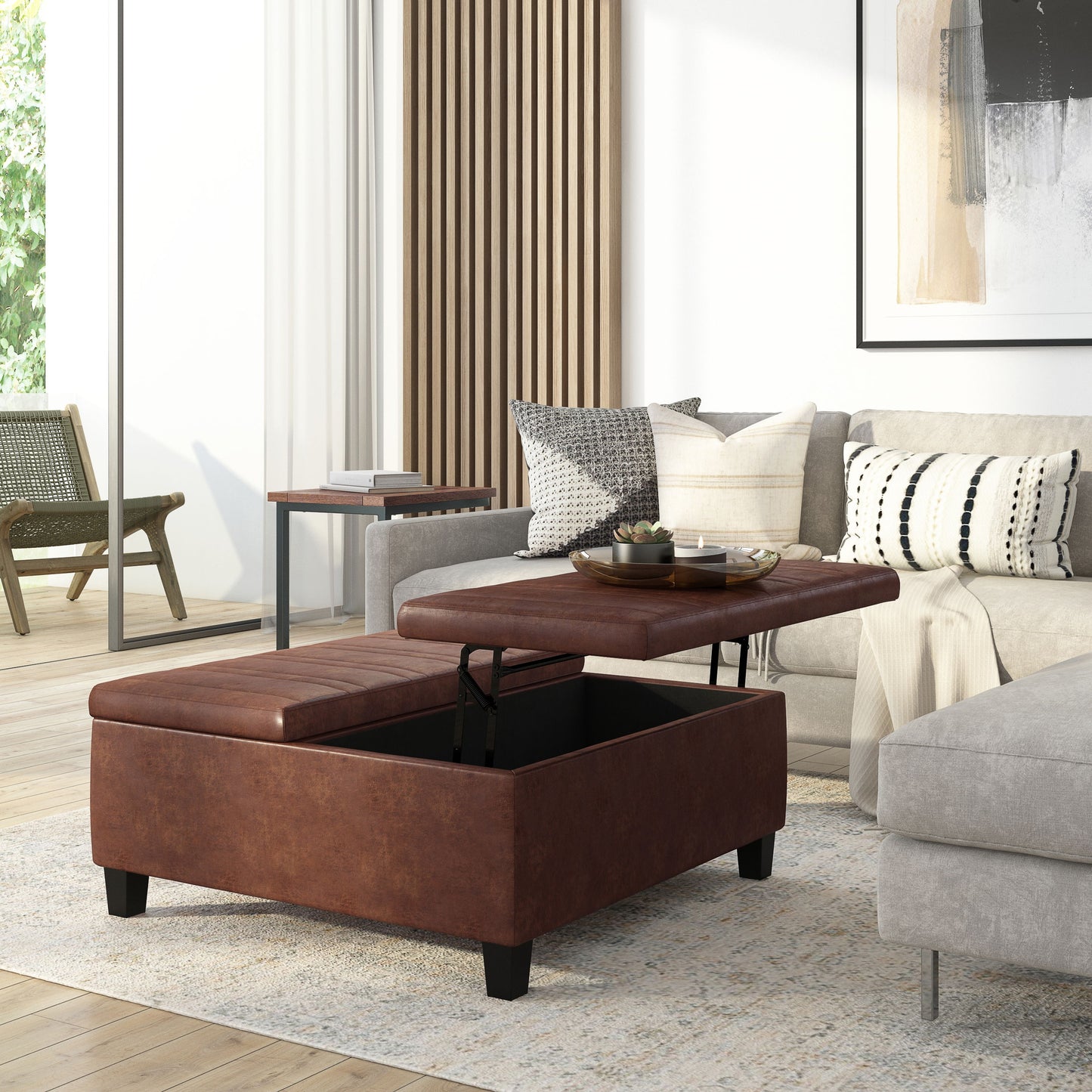 Ellis - Coffee Table Storage Ottoman - Distressed Saddle Brown
