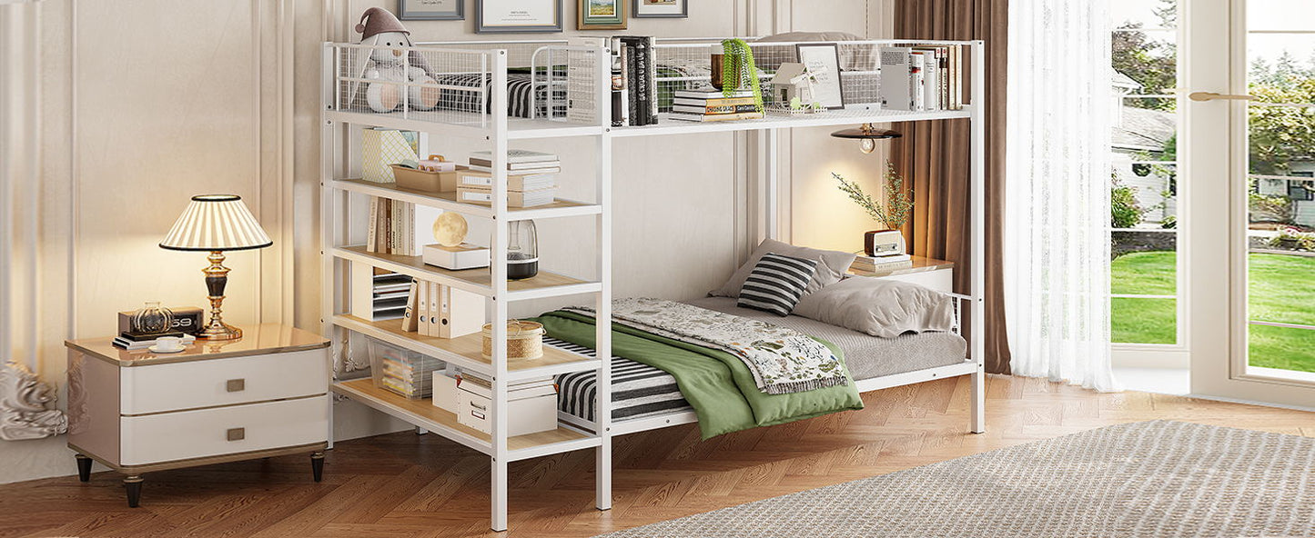 Twin Over Full Bunk Bed With 5 Tier Shelves - White